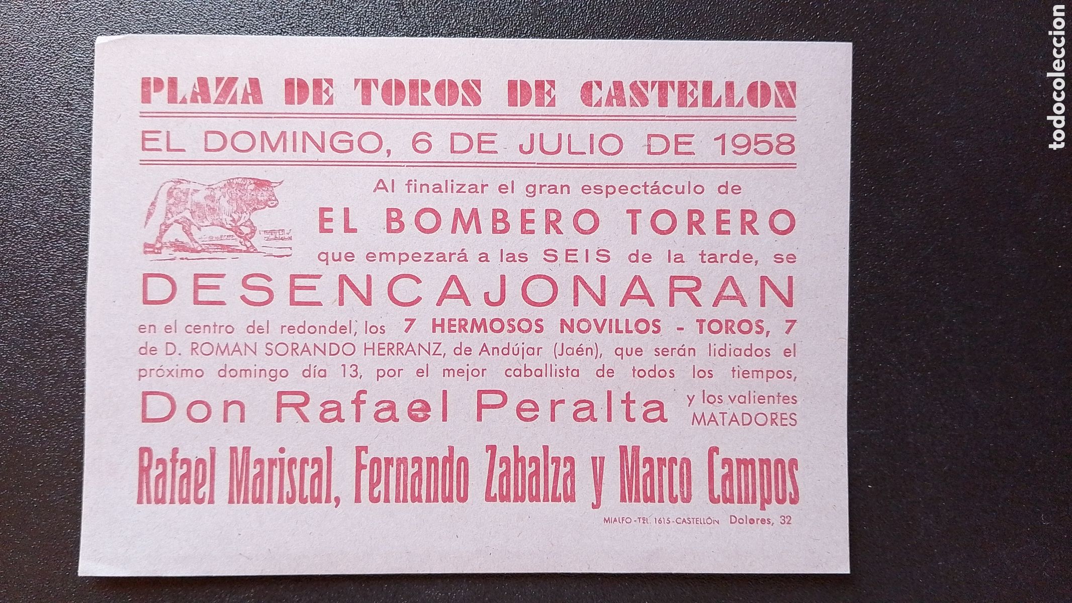 Carteles Toros: CARTEL PLAZA DE TOROS CASTELLON 6 JULIO 1958 DESENCAJONARAN MARISCAL ZABALZA CAMPOS