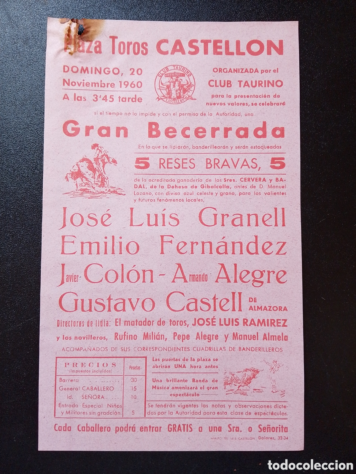 Carteles Toros: CARTEL PLAZA DE TOROS CASTELLON 20 NOVIEMBRE 1960 GRANEL FERNANDEZ ALEGRE CASTELL