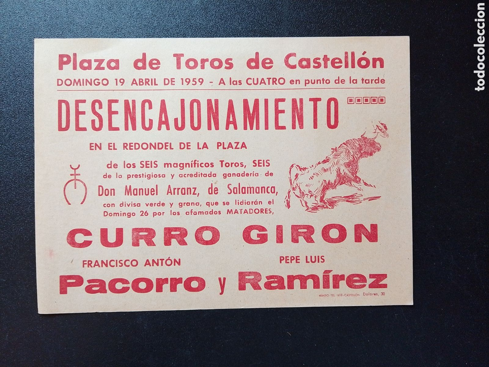 Carteles Toros: CARTEL PLAZA DE TOROS CASTELLON 19 ABRIL 1959 DESENCAJONAMIENTO GIRON PACORRO RAMIREZ