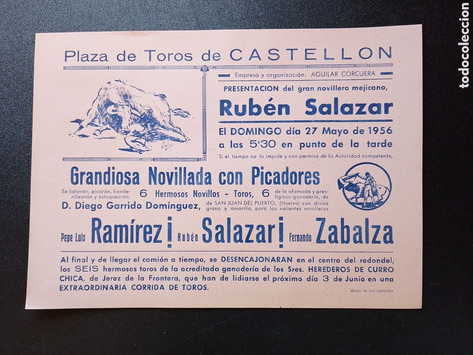 Carteles Toros: CARTEL PLAZA DE TOROS CASTELLON 27 MAYO 1956 RAMIREZ SALAZAR ZABALZA