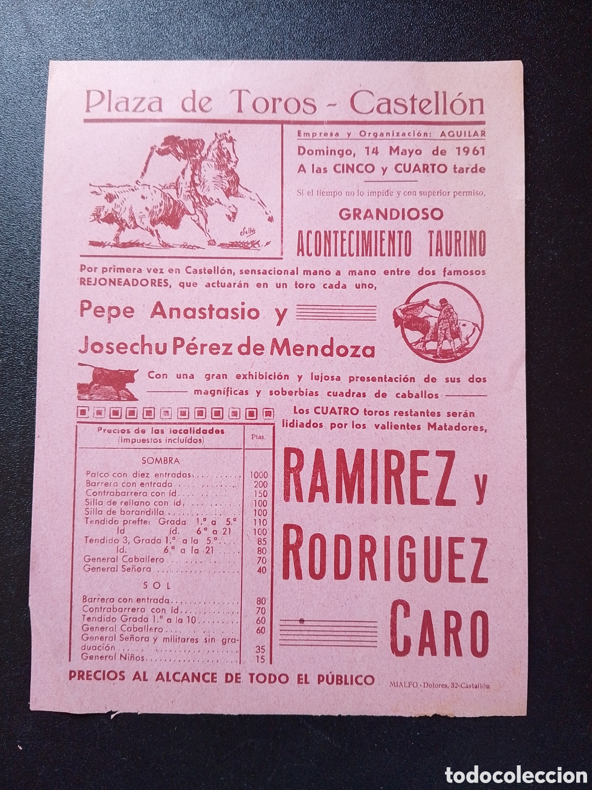 Carteles Toros: CARTEL PLAZA DE TOROS CASTELLON 14 MAYO 1961 RAMIREZ CARO ANASTASIO MENDOZA