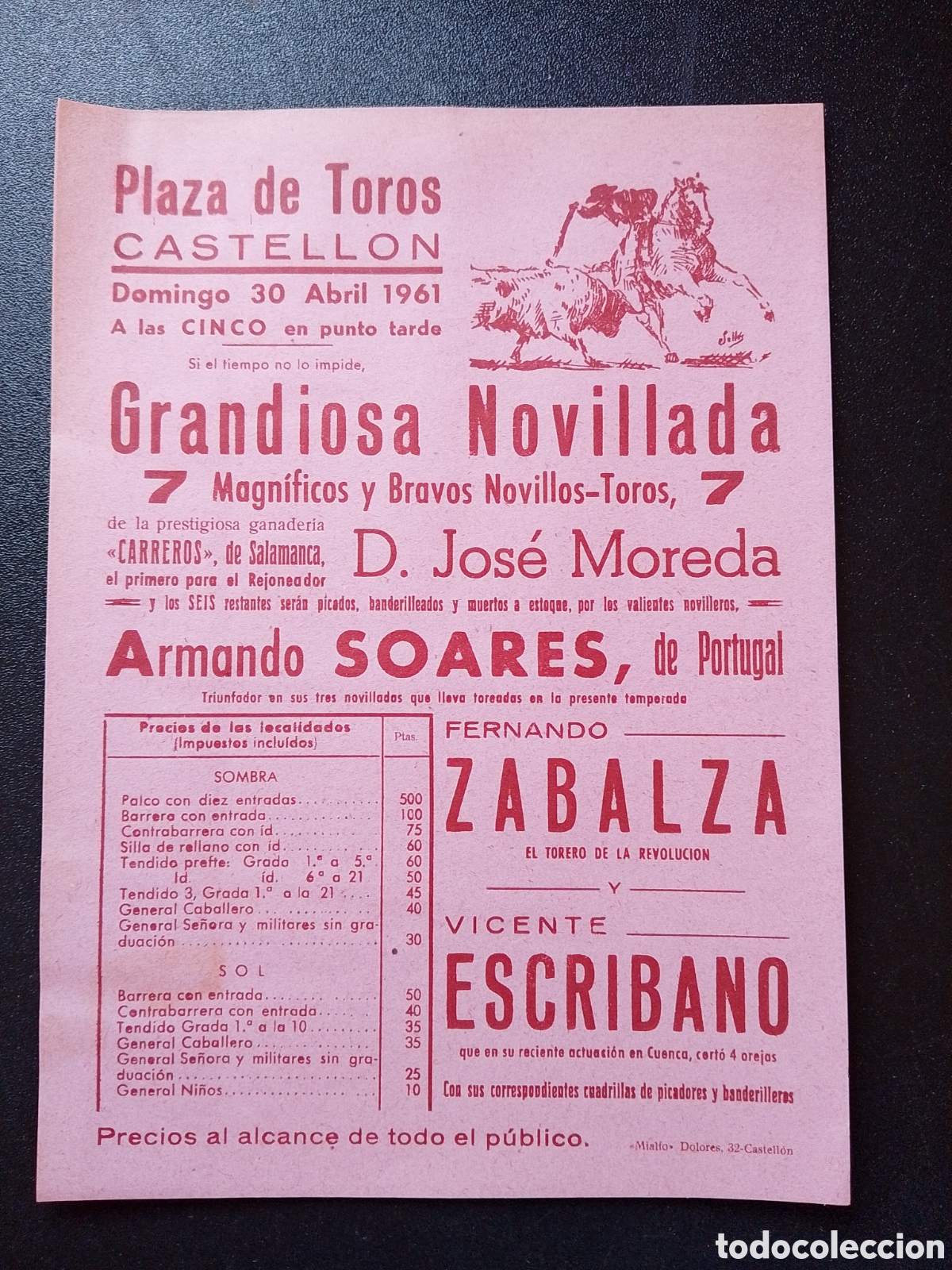 Carteles Toros: CARTEL PLAZA DE TOROS CASTELLON 30 ABRIL 1961 SOARES ZABALZA ESCRIBANO