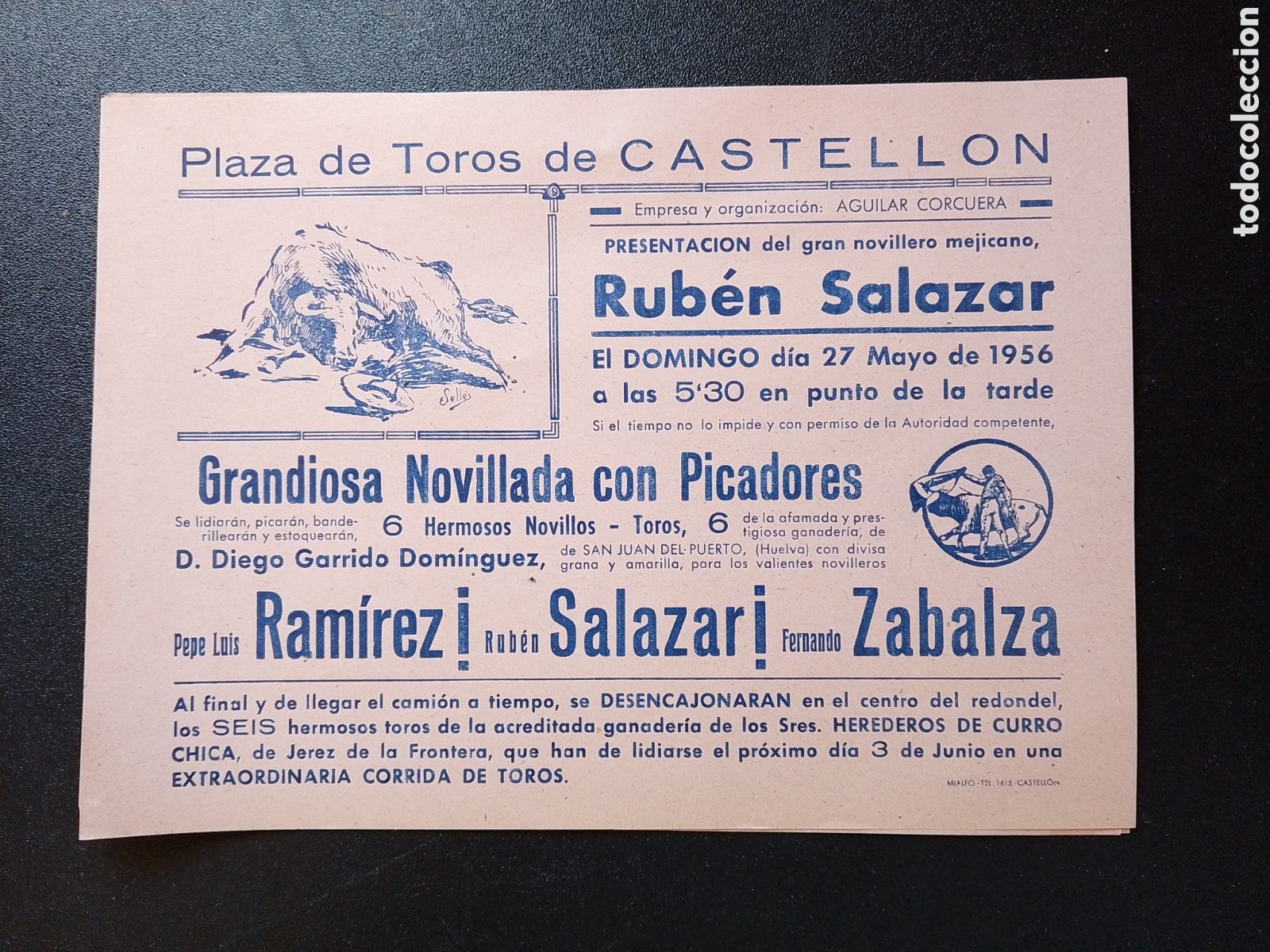 Carteles Toros: CARTEL PLAZA DE TOROS CASTELLON 27 MAYO 1956 PEPE LUIS SALAZAR ZABALZA