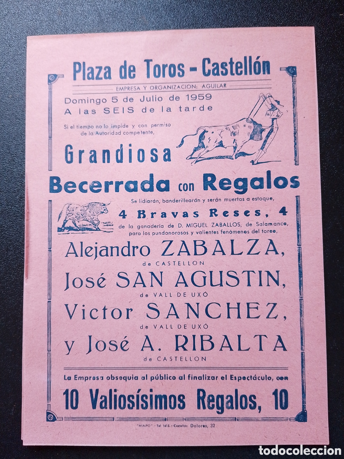 Carteles Toros: CARTEL PLAZA DE TOROS CASTELLON 5 JULIO 1959 AGUSTIN SANCHEZ RIBALTA ZABALZA