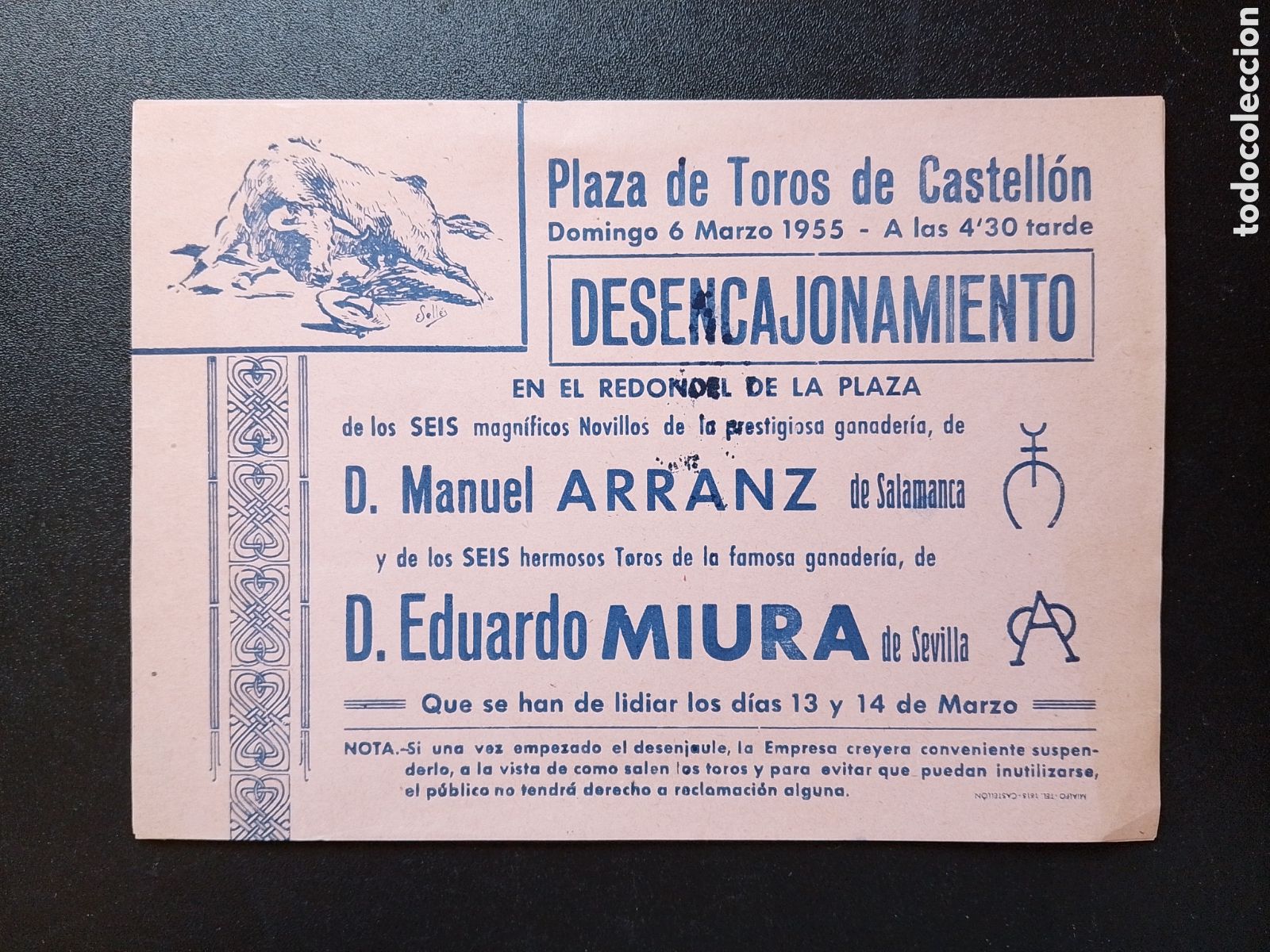 Carteles Toros: CARTEL PLAZA DE TOROS CASTELLON 6 MARZO 1955 DESENCAJONAMIENTO MIURA ARRANZ