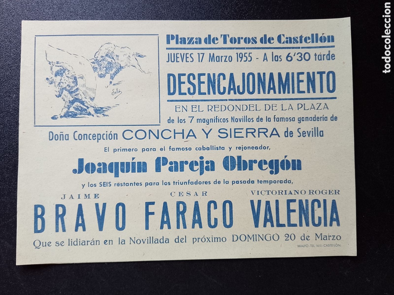 Carteles Toros: CARTEL PLAZA DE TOROS CASTELLON 17 MARZO 1955 PAREJA OBREGON BRAVO FARACO VALENCIA