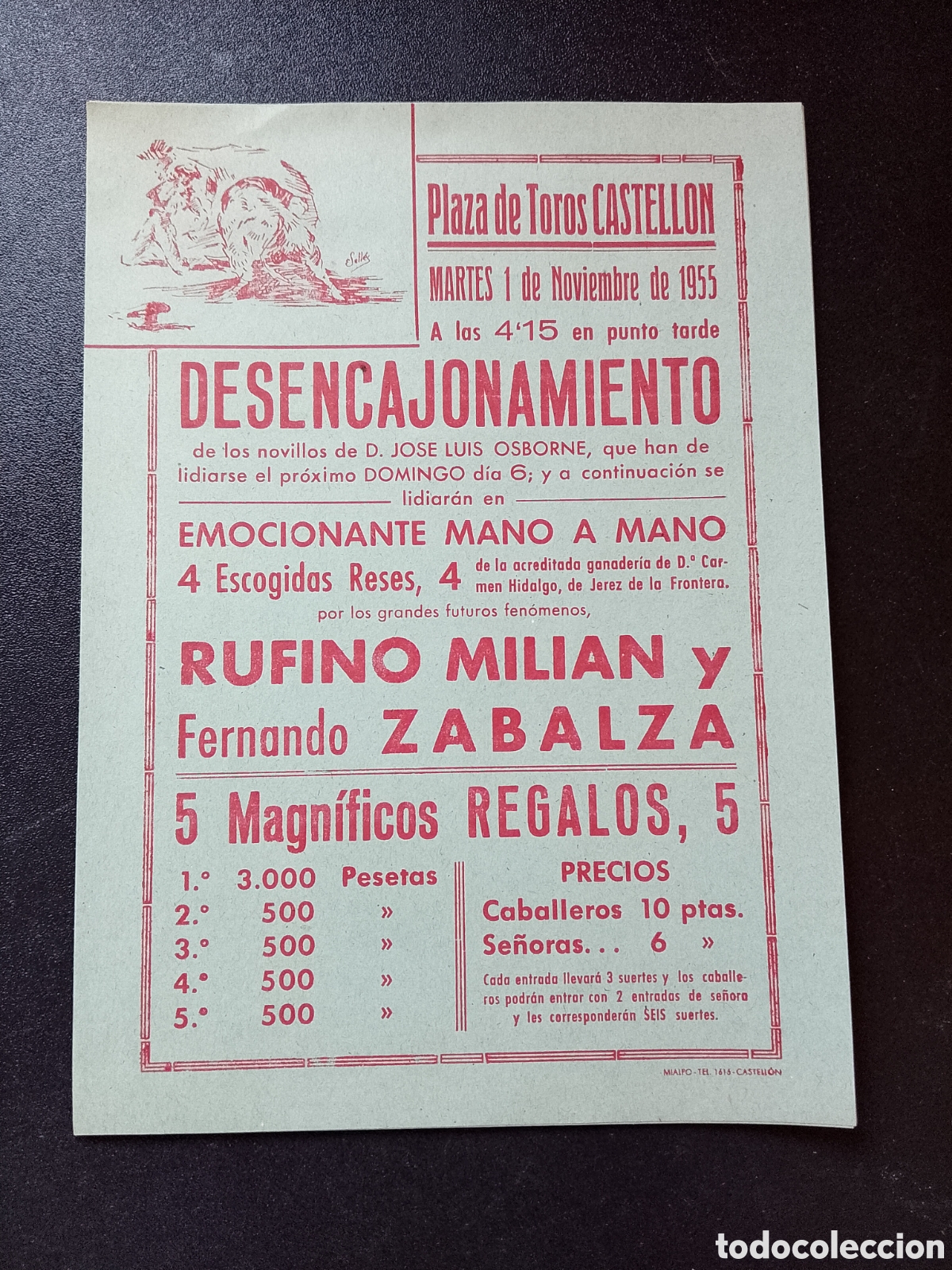 Carteles Toros: CARTEL PLAZA DE TOROS CASTELLON 1 NOVIEMBRE 1955 DESENCAJONAMIENTO MILIAN ZABALZA