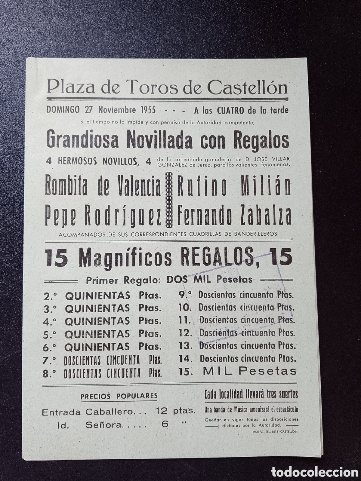 Carteles Toros: CARTEL PLAZA DE TOROS CASTELLON 27 NOVIEMBRE 1955 BOMBITA MILIAN ZABALZA