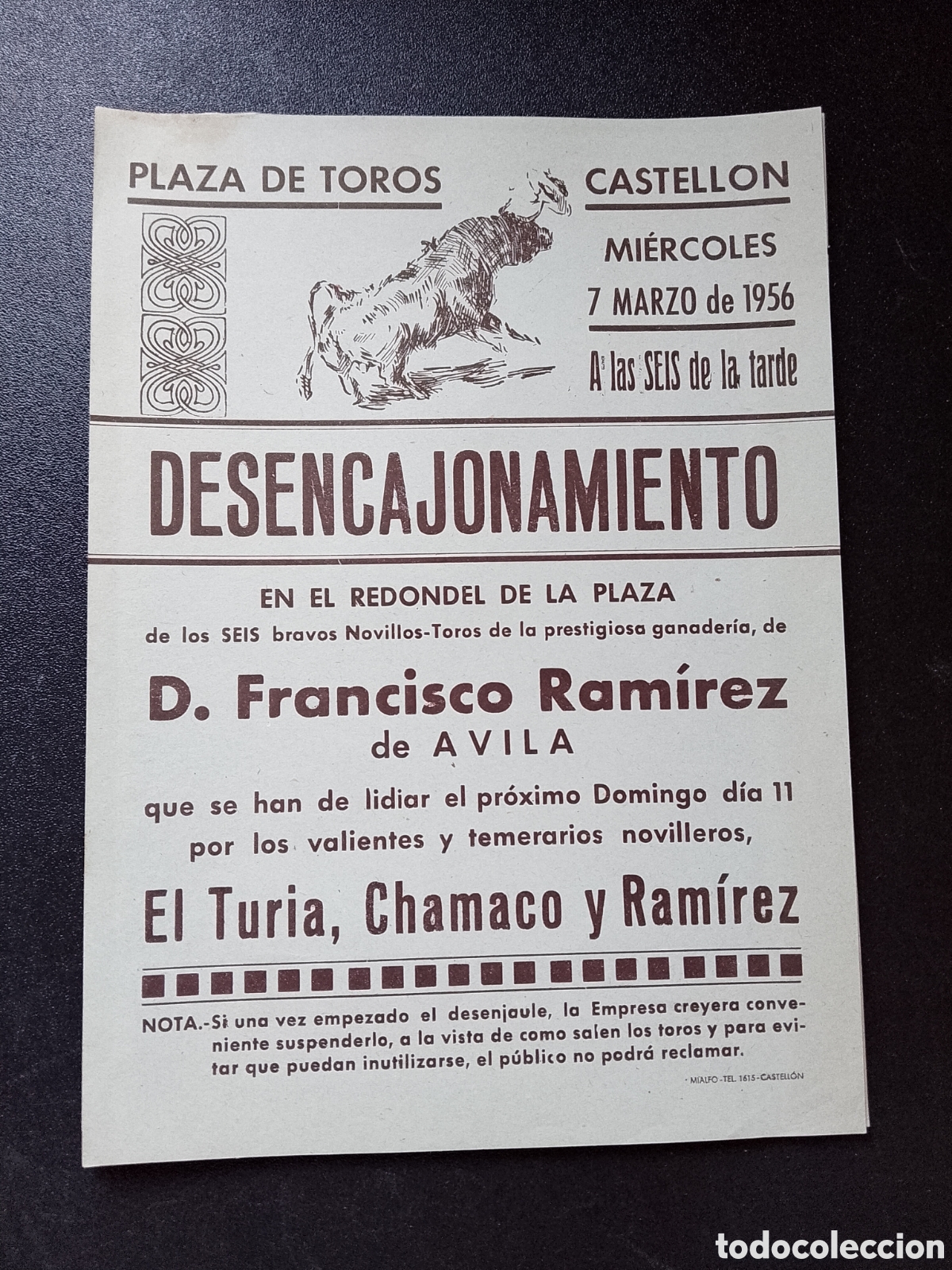 Carteles Toros: CARTEL PLAZA DE TOROS CASTELLON 7 MARZO 1956 EL TURIA CHAMACO RAMIREZ