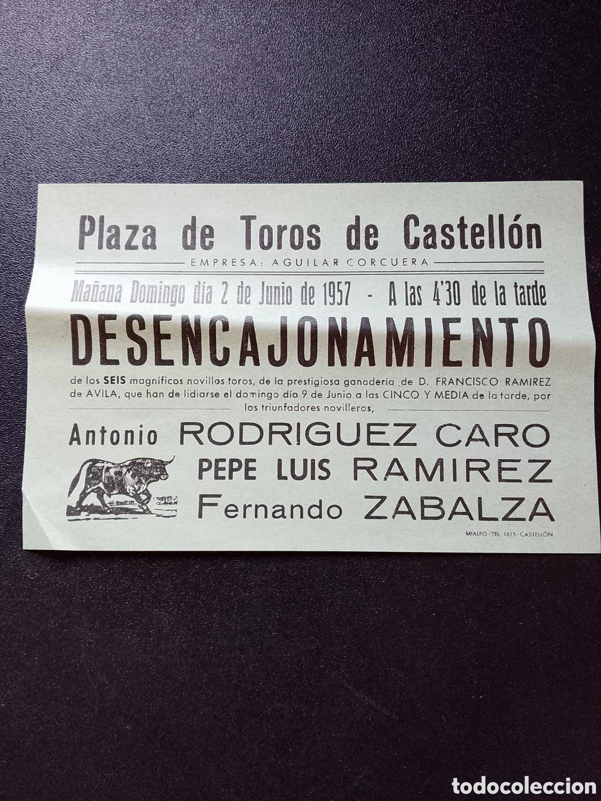 Carteles Toros: CARTEL PLAZA DE TOROS CASTELLON 2 DE JUNIO 1957 CARO PEPE LUIS ZABALZA