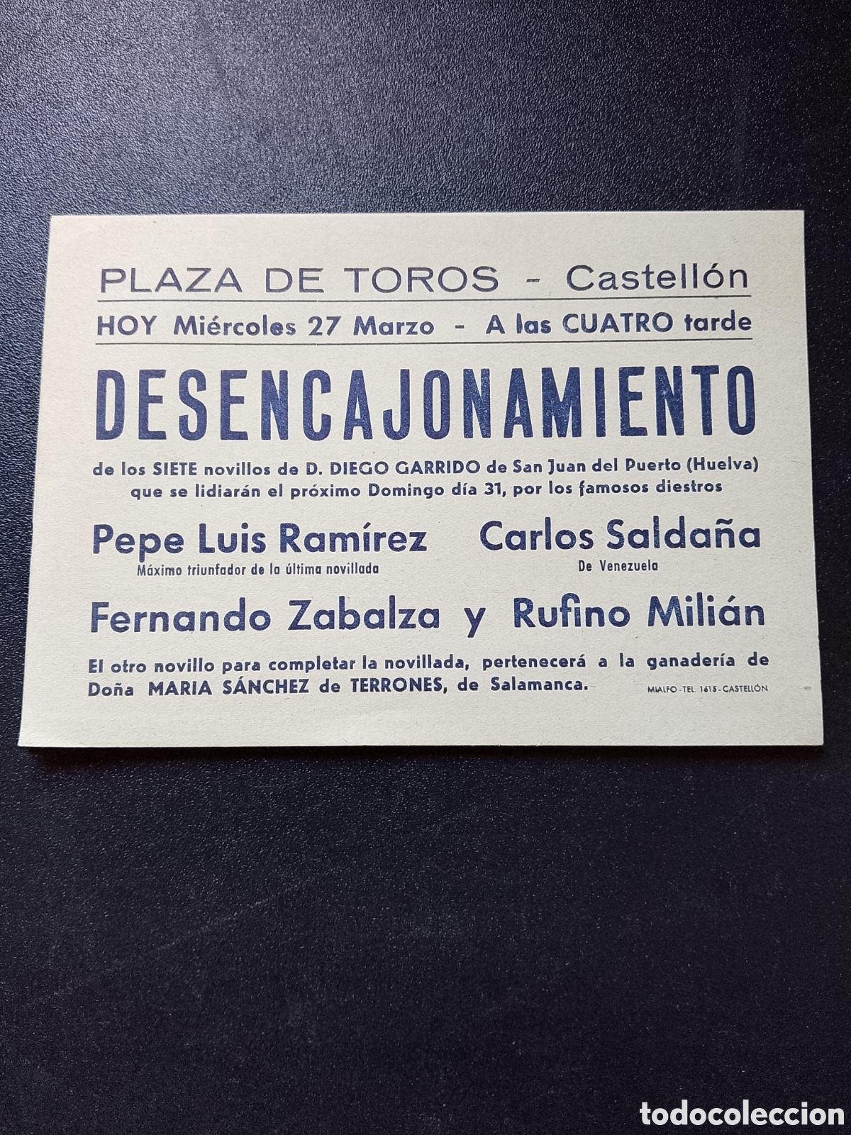 Carteles Toros: CARTEL PLAZA DE TOROS CASTELLON 27 MARZO PEPE LUIS CARLOS SALDA&Ntilde;A ZABALZA MILIAN