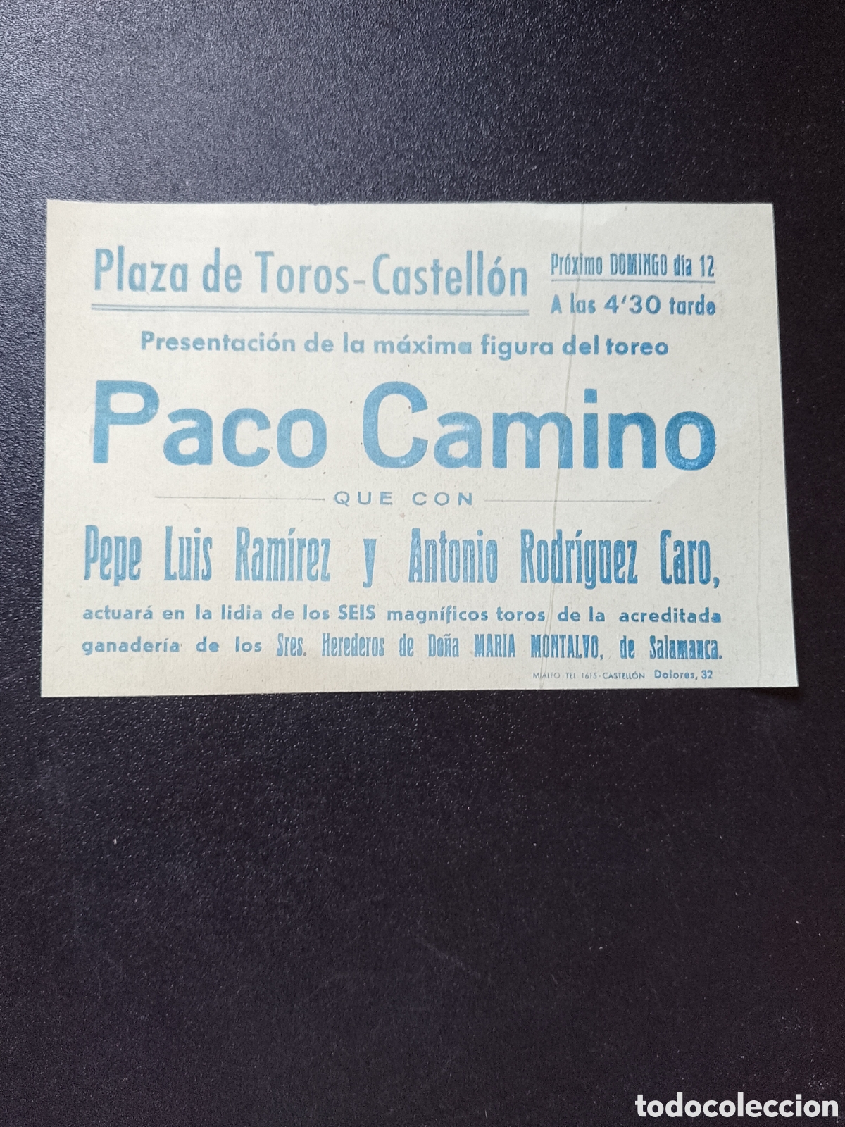Carteles Toros: CARTEL PLAZA DE TOROS CASTELLON DOMINGO 12 PACO CAMINO PEPE LUIS CARO