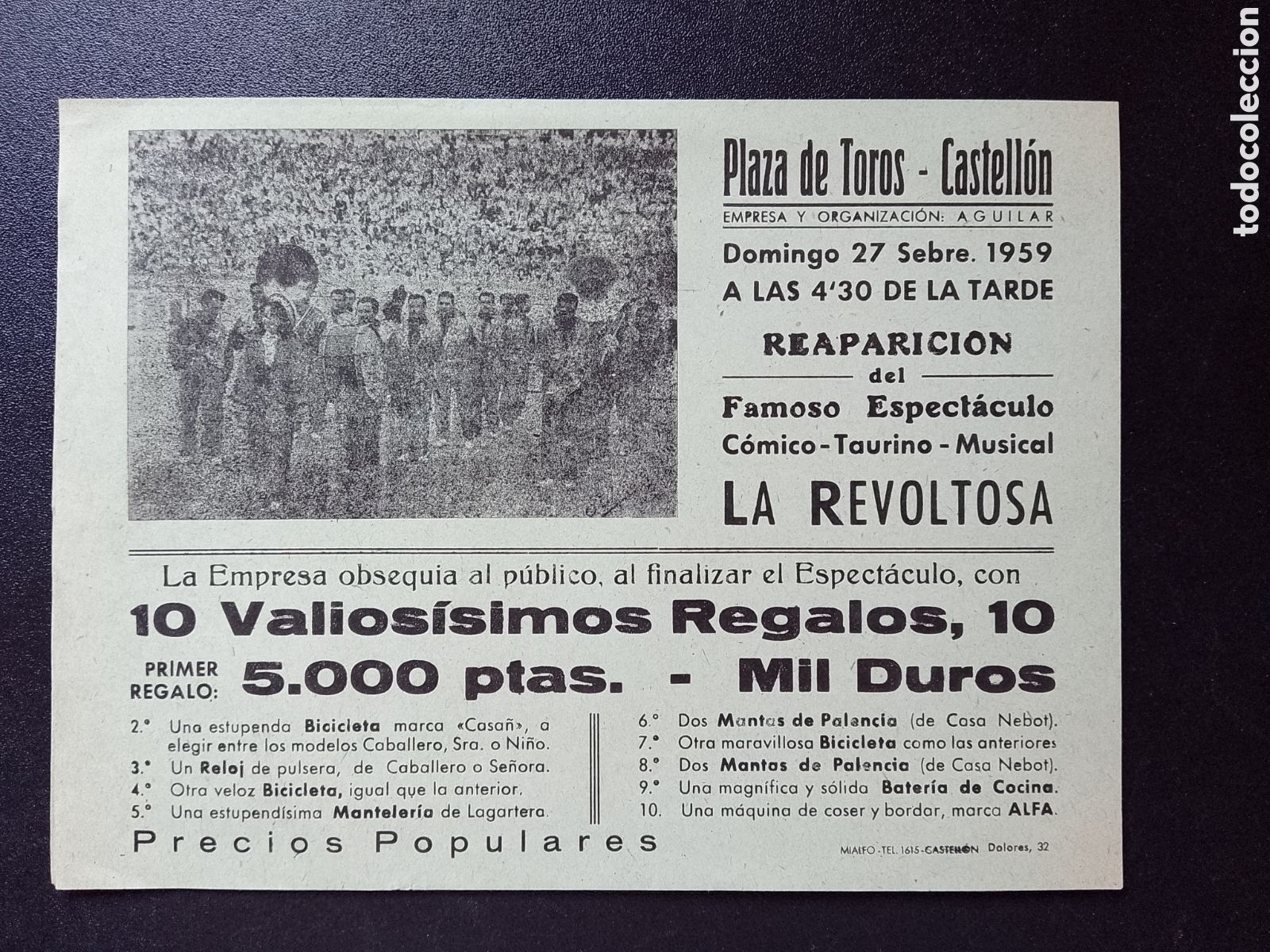 Carteles Toros: CARTEL PLAZA DE TOROS CASTELLON27 SEBRE 1959 LA REVOLTOSA