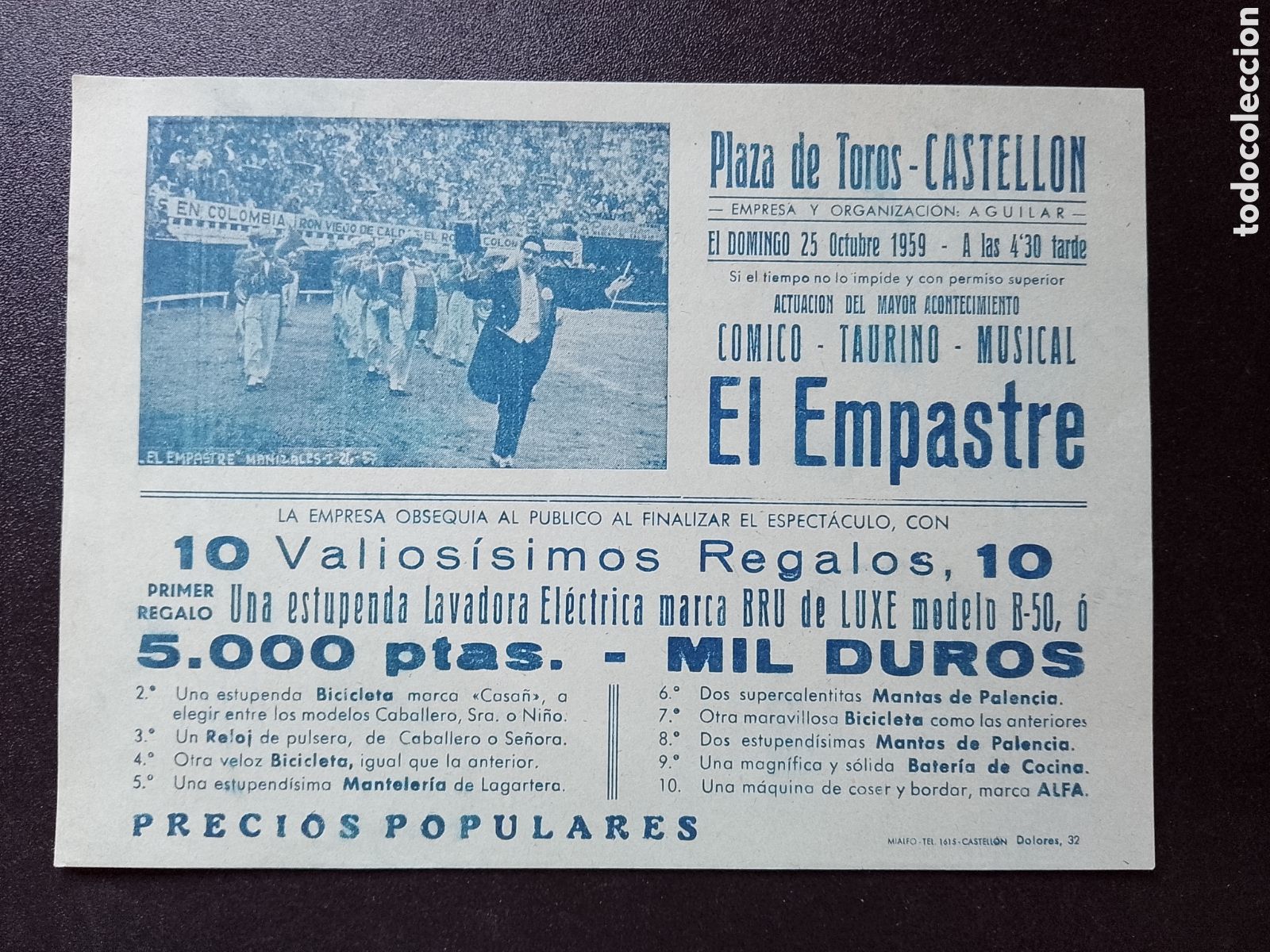 Carteles Toros: CARTEL PLAZA DE TOROS CASTELLON 25 OCTUBRE 1959 EL EMPASTRE