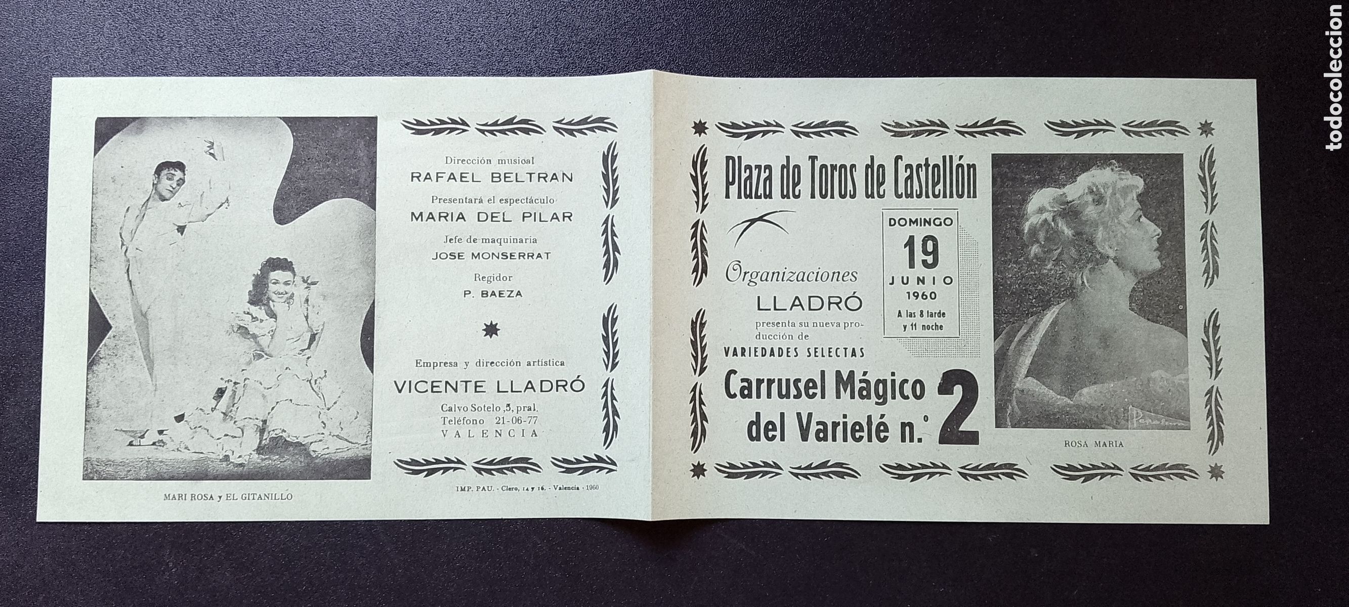 Carteles Toros: CARTEL PLAZA DE TOROS CASTELLON 19 JUNIO 1960 PUBLICIDAD LLADRO CARRUSEL MAGICO DEL VARIETE N&ordm;2