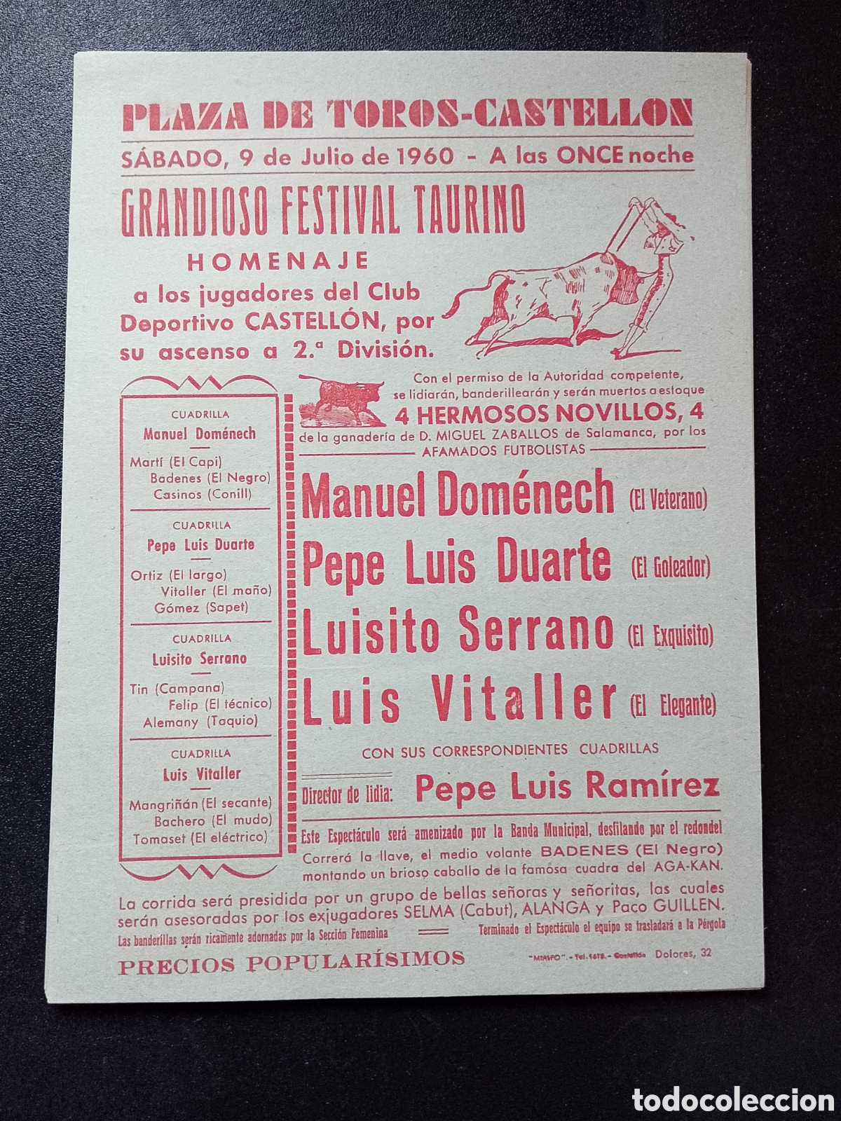 Carteles Toros: CARTEL PLAZA DE TOROS CASTELLON 9 JULIO 1960 DOMENECH DUARTE SERRANO VITALLER