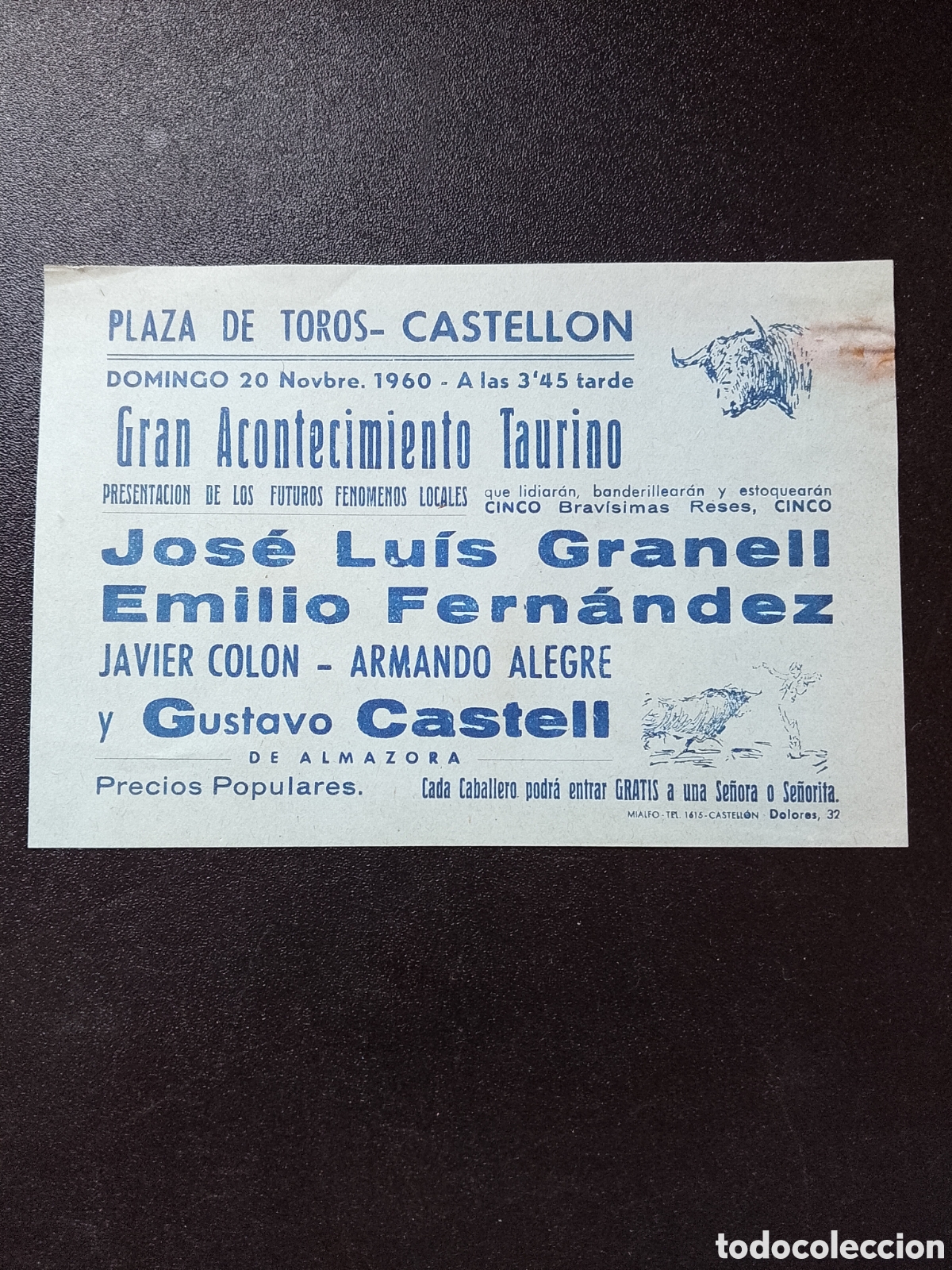 Carteles Toros: CARTEL PLAZA DE TOROS CASTELLON 20 NOVBRE 1960 GRANELL FERNANDEZ CASTELL