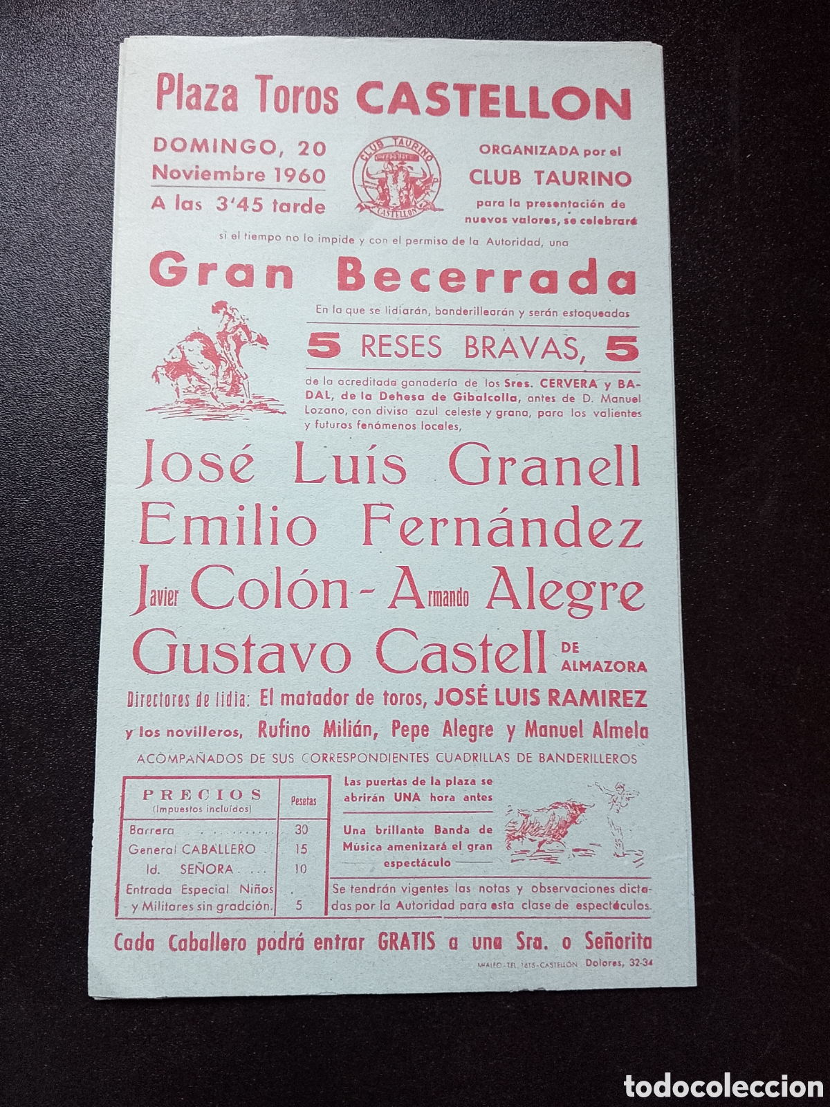 Carteles Toros: CARTEL PLAZA DE TOROS CASTELLON 20 NOVBRE 1960 GRANELL FERNANDEZ CASTELL ALEGRE