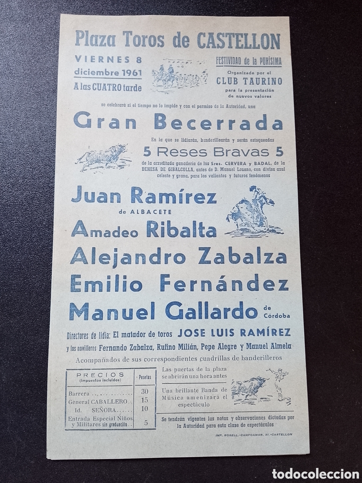 Carteles Toros: CARTEL PLAZA DE TOROS CASTELLON 8 DICIEMBRE 1961 RAMIREZ RIBALTA ZABALZA GALLARDO