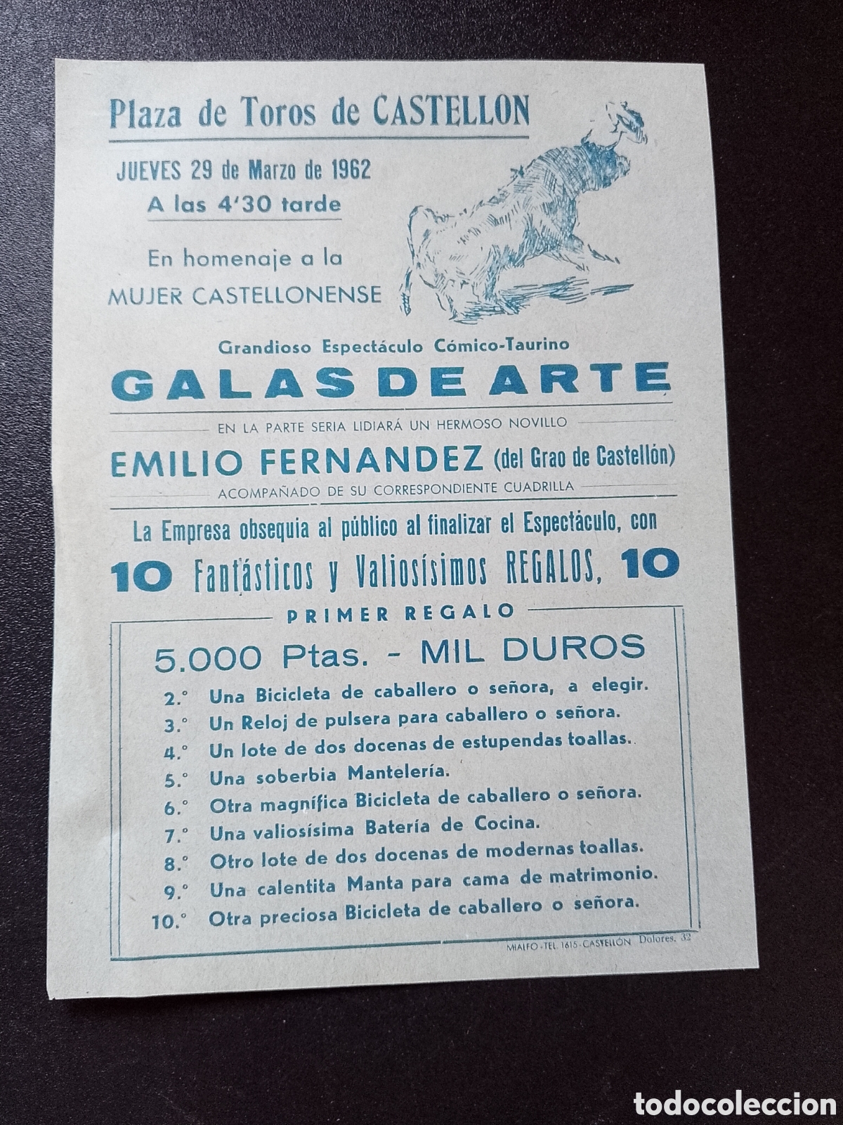 Carteles Toros: CARTEL PLAZA DE TOROS CASTELLON 29 MARZO 1962 GALAS DE ARTE EMILIO FERNANDEZ