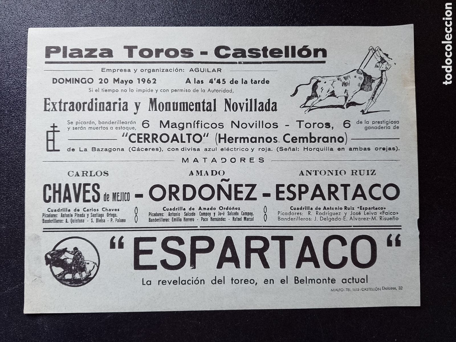 Carteles Toros: CARTEL PLAZA DE TOROS CASTELLON 20 MAYO 1962 ESPARTACO CHAVES ORDO&Ntilde;EZ