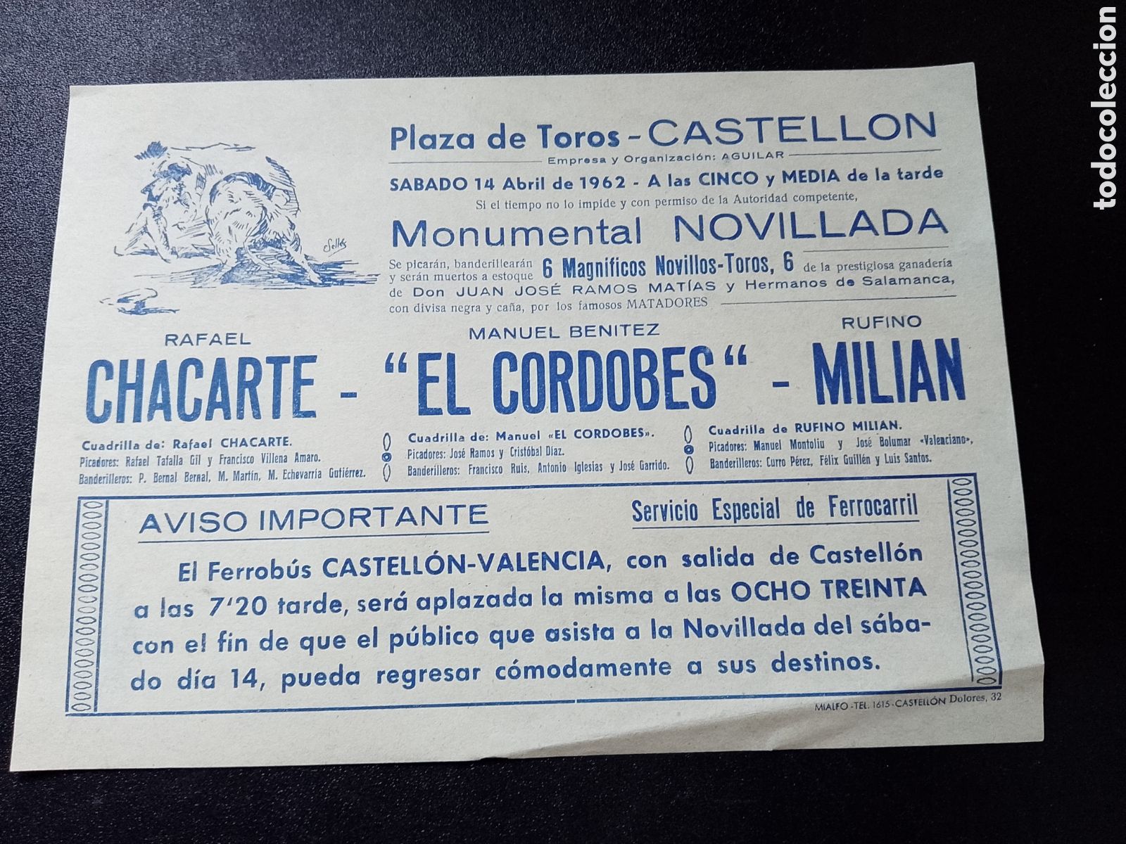 Plakate Stiere: CARTEL PLAZA DE TOROS CASTELLON 14 ABRIL1962 EL CORDOBES CHACARTE MILIAN