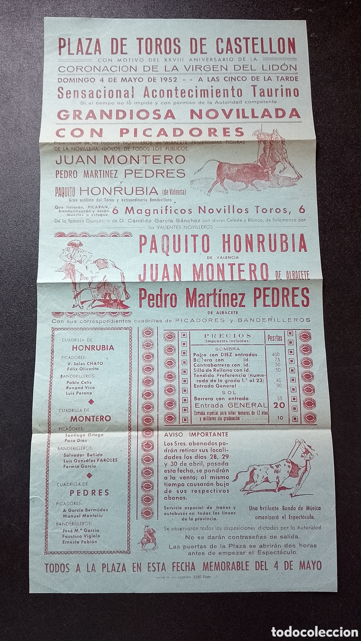 Carteles Toros: CARTEL PLAZA DE TOROS CASTELLON 4 MAYO 1952 HONRUBIA MONTERO PEDRES