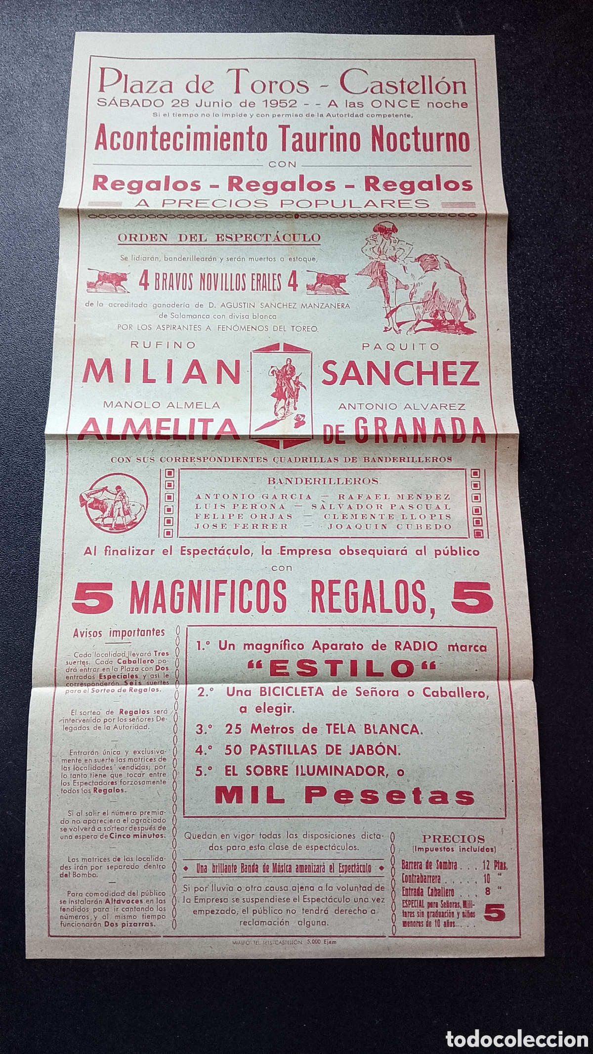 Carteles Toros: CARTEL PLAZA DE TOROS CASTELLON 28 JUNIO 1952 MILIAN SANCHEZ GRANADA ALMELITA