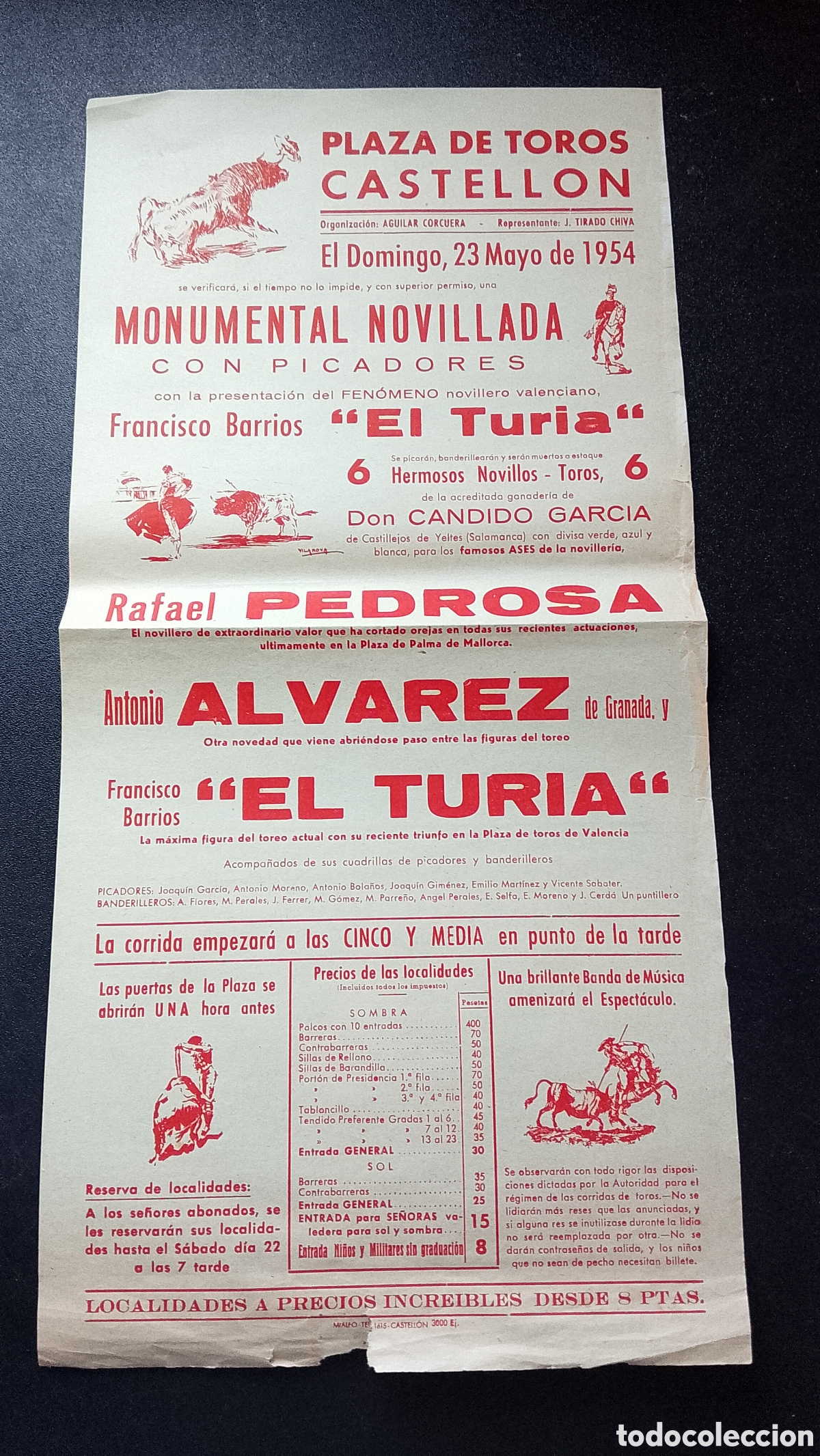 Carteles Toros: CARTEL PLAZA DE TOROS CASTELLON 23 MAYO 1954 EL TURIA PEDROSA ALVAREZ