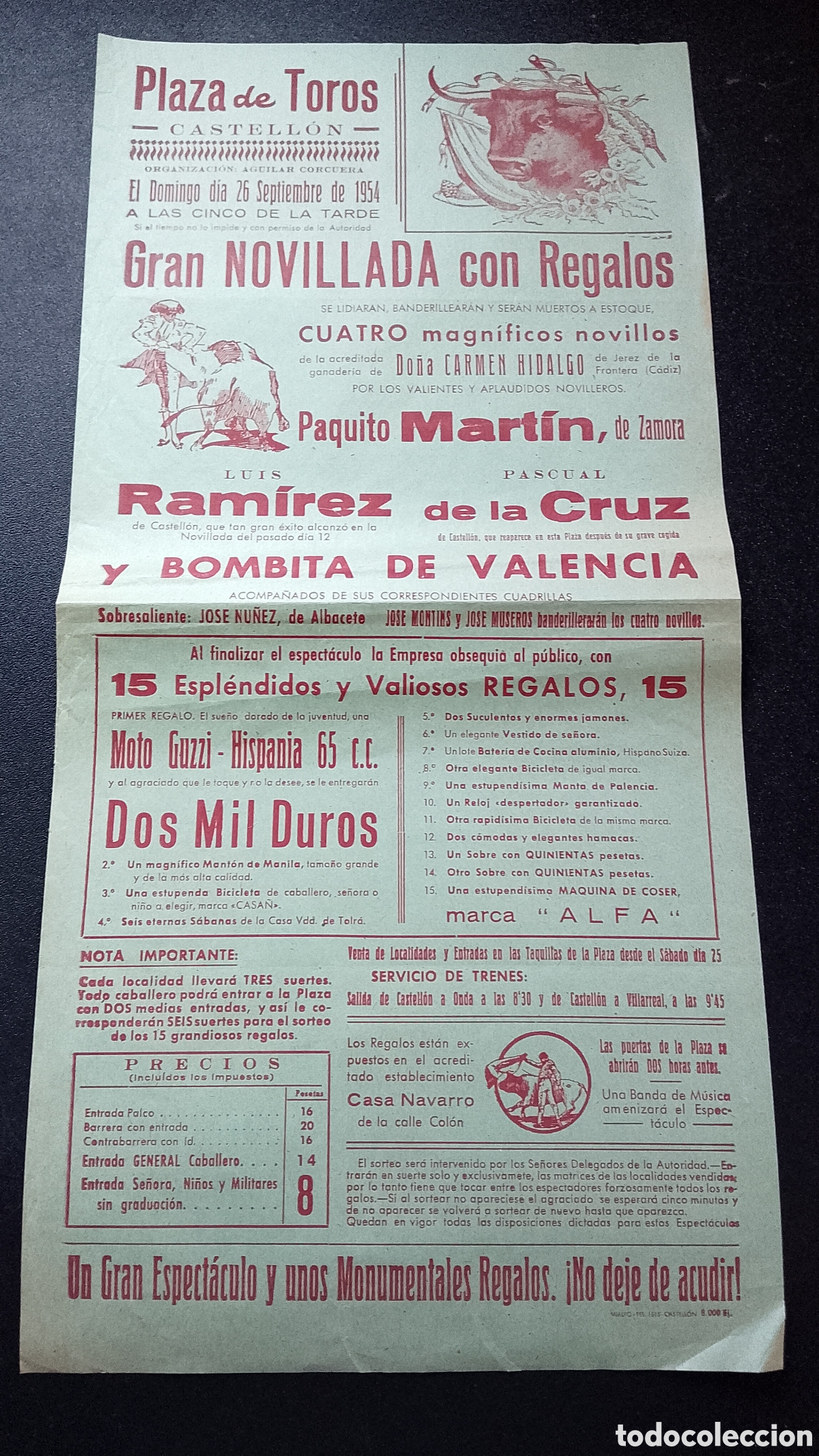 Carteles Toros: CARTEL PLAZA DE TOROS CASTELLON 26 SEPTIEMBRE 1954 MARTIN RAMIREZ DE LA CRUZ BOMBITA DE VALENCIA