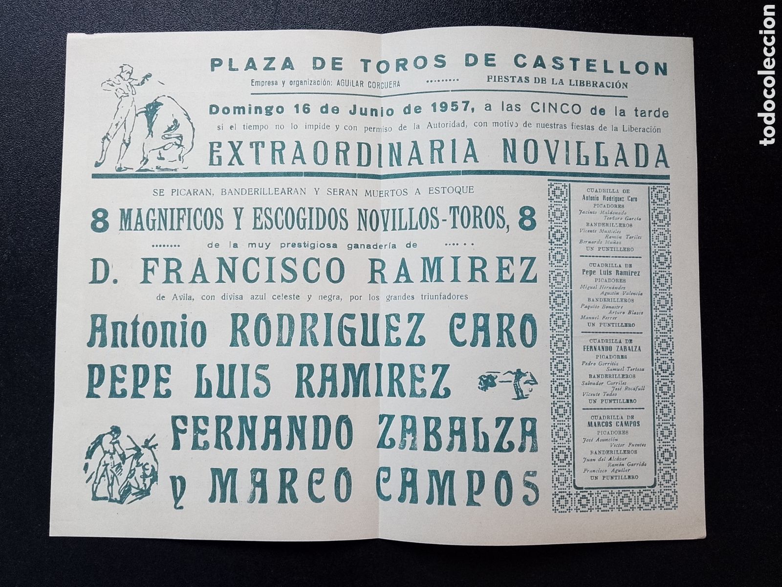 Carteles Toros: CARTEL PLAZA DE TOROS CASTELLON 16 JUNIO 1957 RAMIREZ CARO ZABALZA CAMPOS