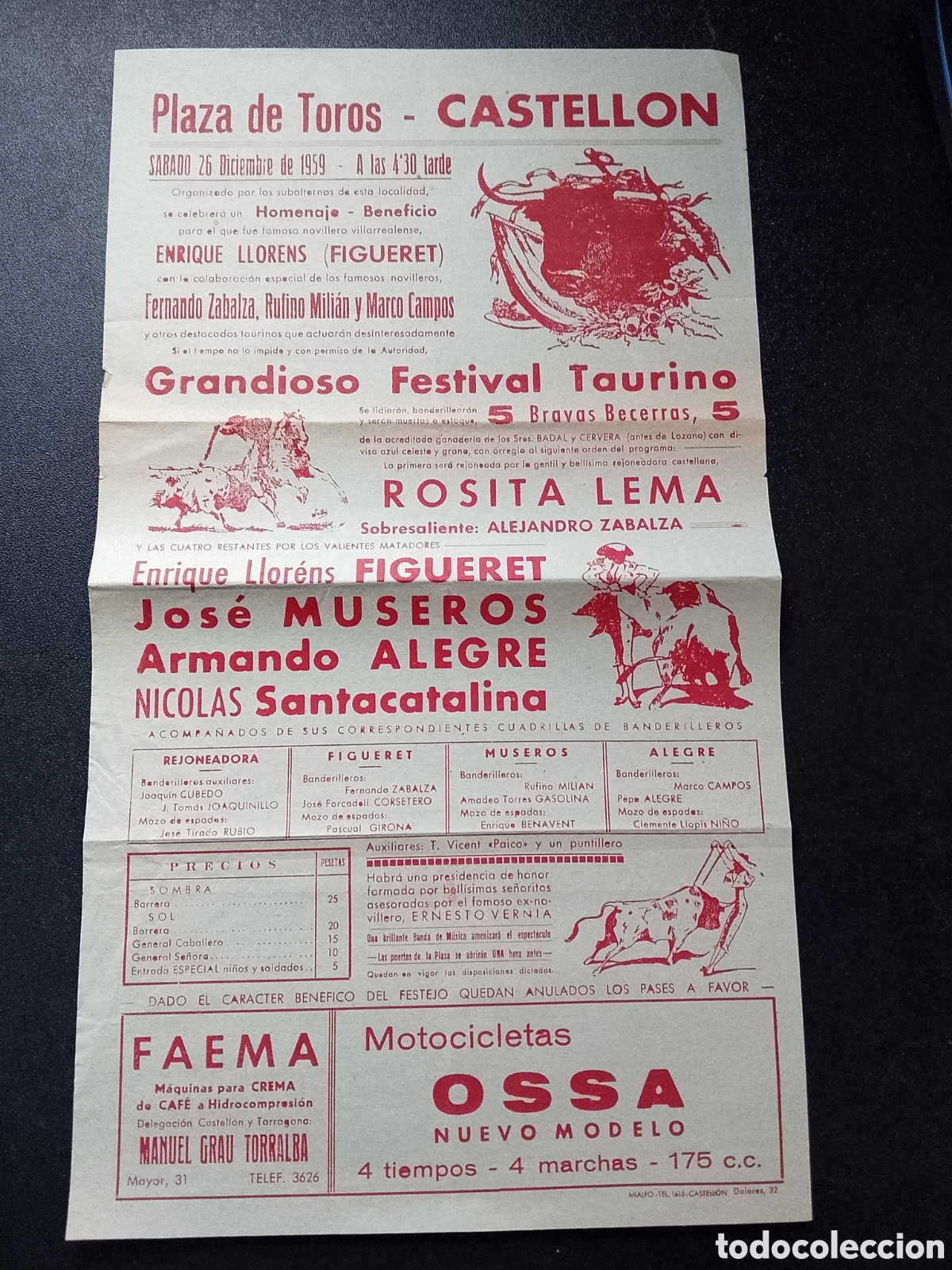 Carteles Toros: CARTEL PLAZA DE TOROS CASTELLON 26 DICIEMBRE 1959 FIGUERET MUSEROS ALEGRE SANTACATALINA