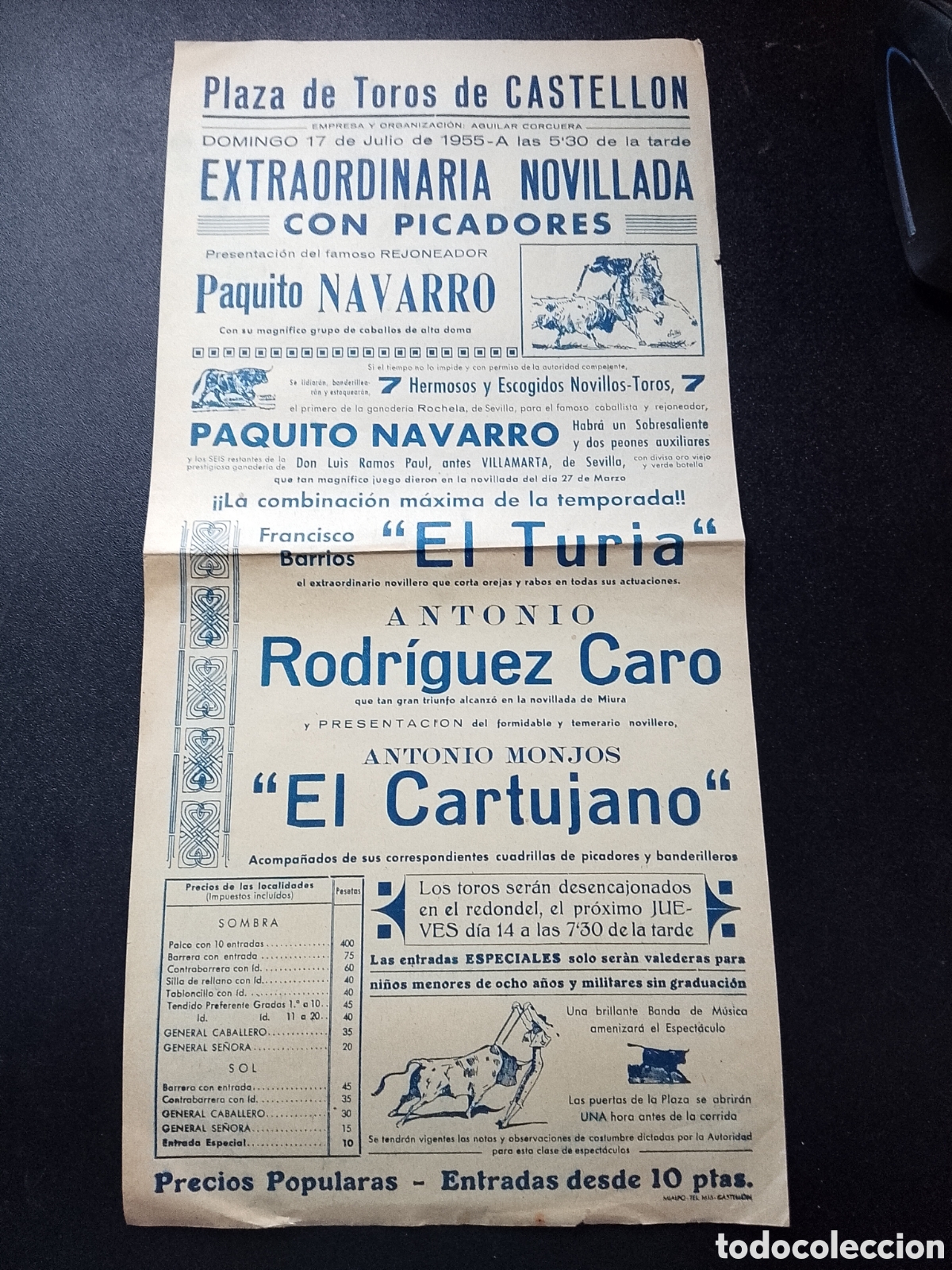 Carteles Toros: CARTEL PLAZA DE TOROS CASTELLON 17 JULIO 1955 NAVARRO EL TURIA CARO EL CARTUJANO