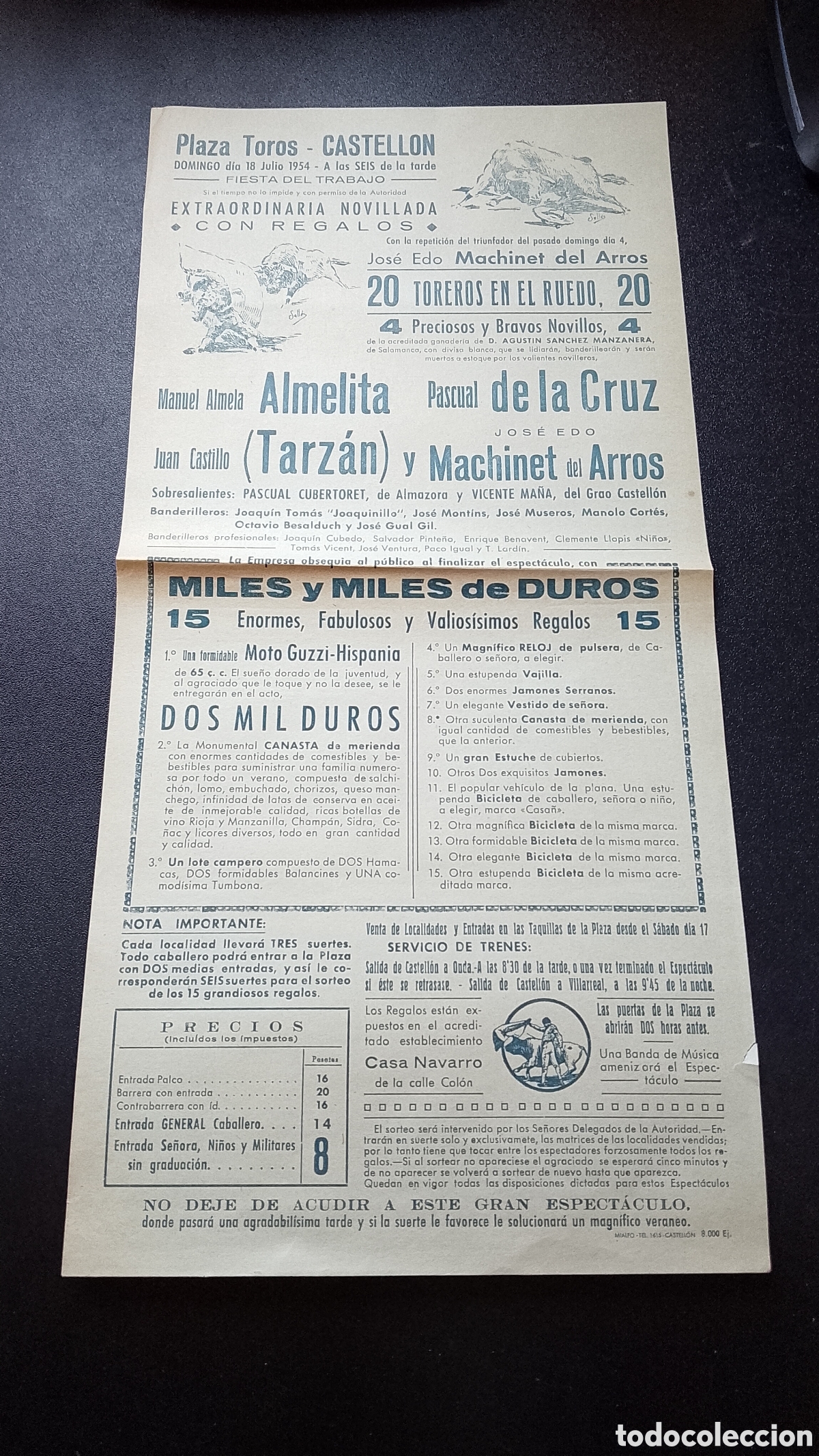 Carteles Toros: CARTEL PLAZA DE TOROS CASTELLON 18 JULIO 1954 ALMELITA TARZAN MACHINET DEL ARROS PASCUAL DE LA CRUZ