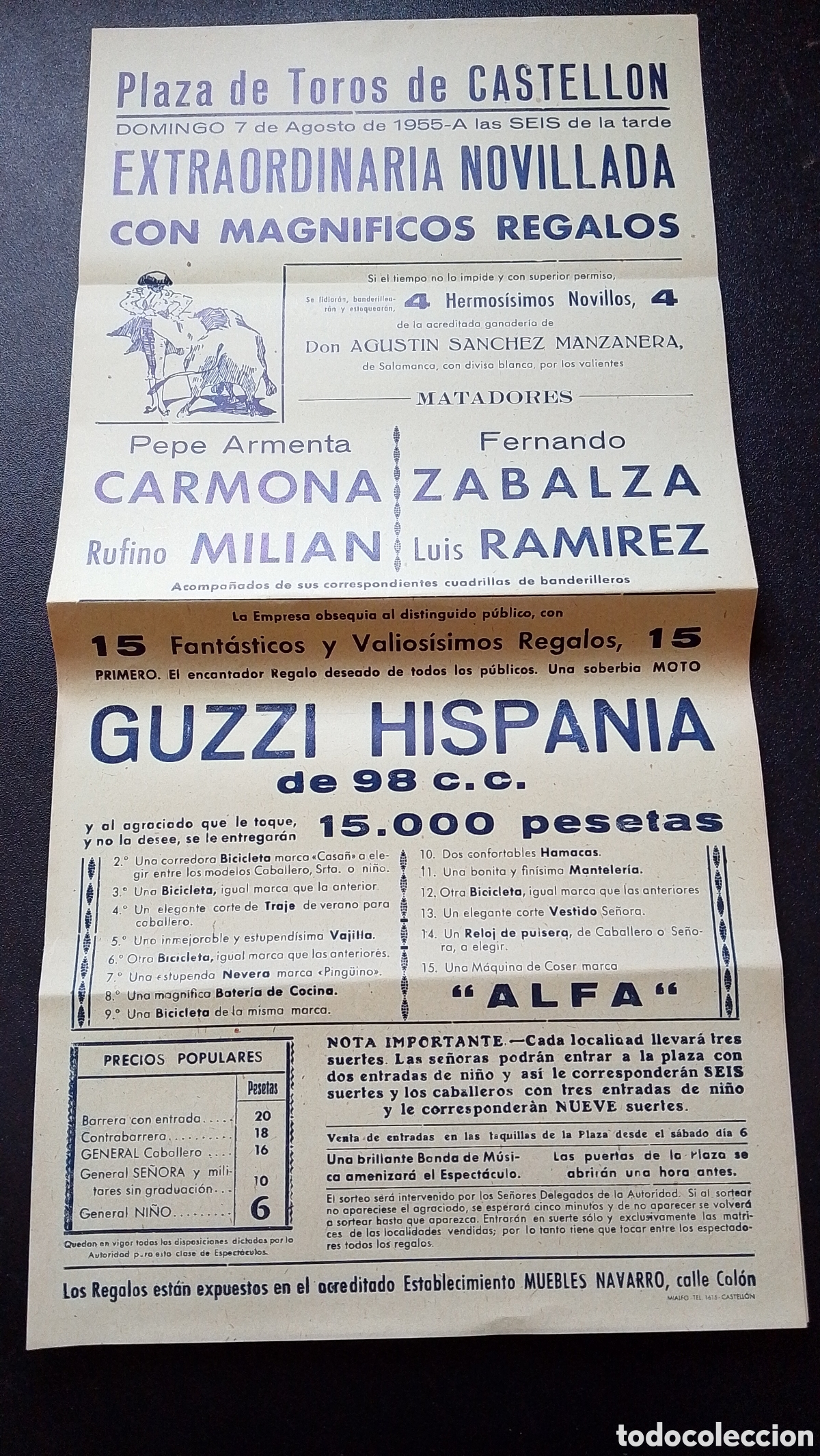 Carteles Toros: CARTEL PLAZA DE TOROS CASTELLON 7 AGOSTO 1955 CARMONA ZABALZA PUBLICIDAD GUZZI HISPANIA DE 98 C.C