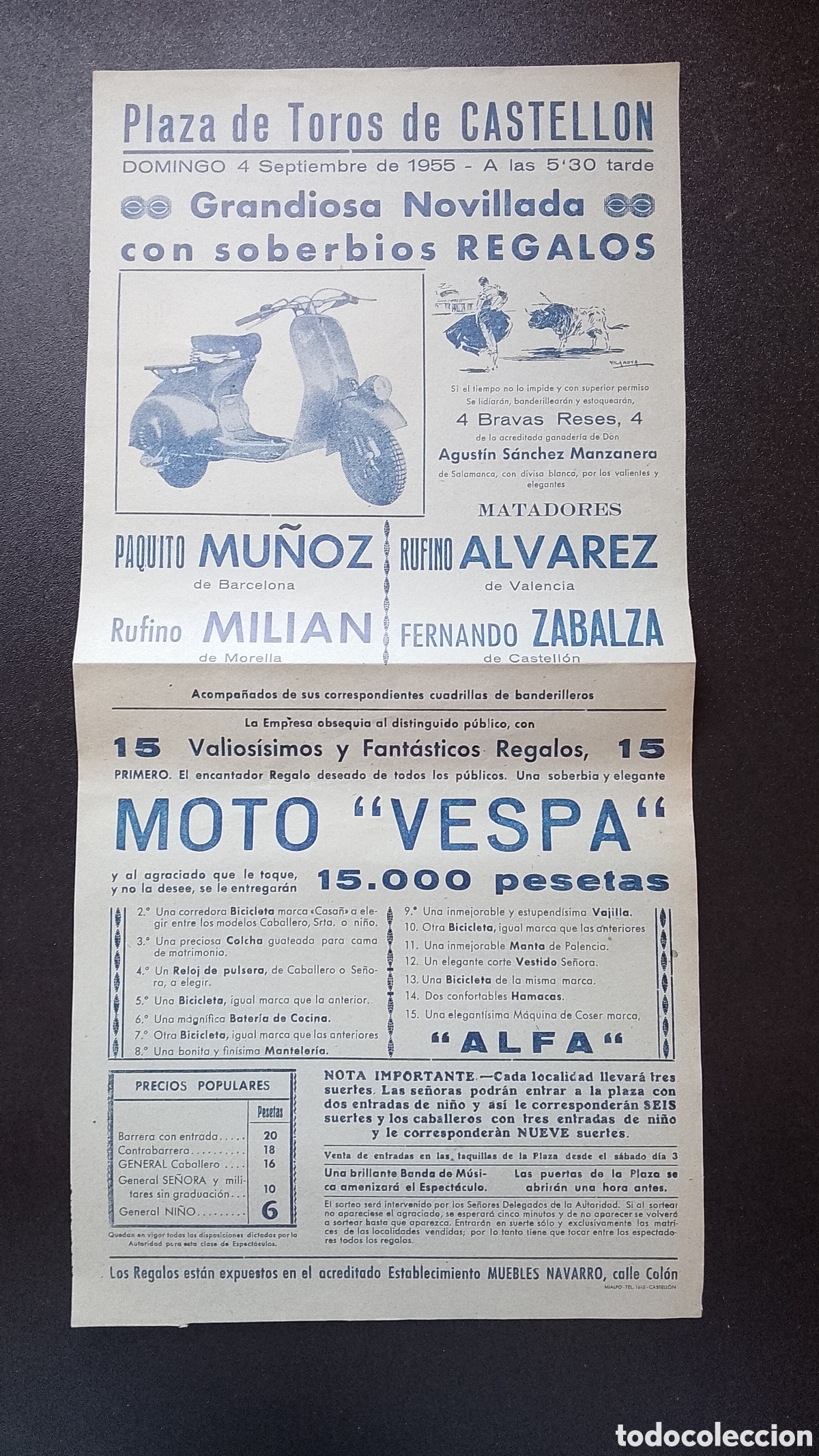 Carteles Toros: CARTEL PLAZA DE TOROS CASTELLON 4 SEPTIEMBRE 1955 MU&Ntilde;OZ ALVAREZ MILIAN ZABALZA PUBLICIDAD MOTO VESPA