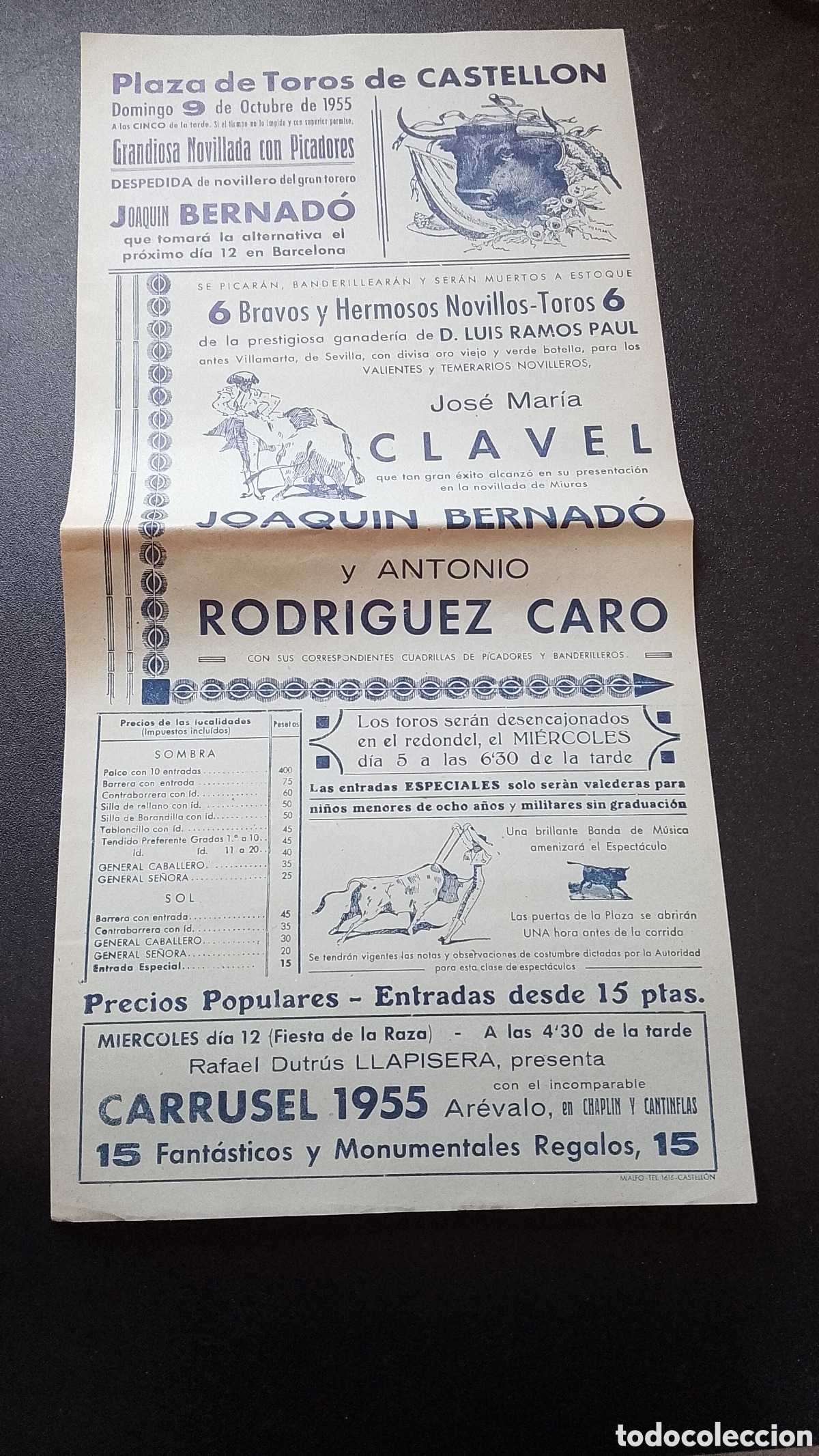 Carteles Toros: CARTEL PLAZA DE TOROS CASTELLON 9 OCTUBRE 1955 JOAQUIN BERNARDO CARO