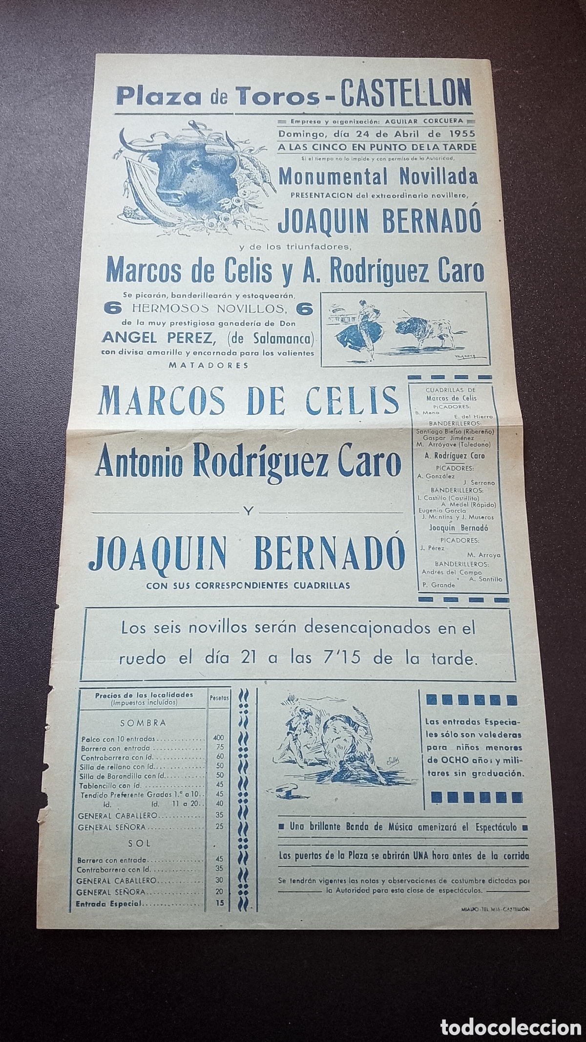 Carteles Toros: CARTEL PLAZA DE TOROS CASTELLON 24 ABRIL 1955 JOAQUIN BERNARDO CELIS CARO