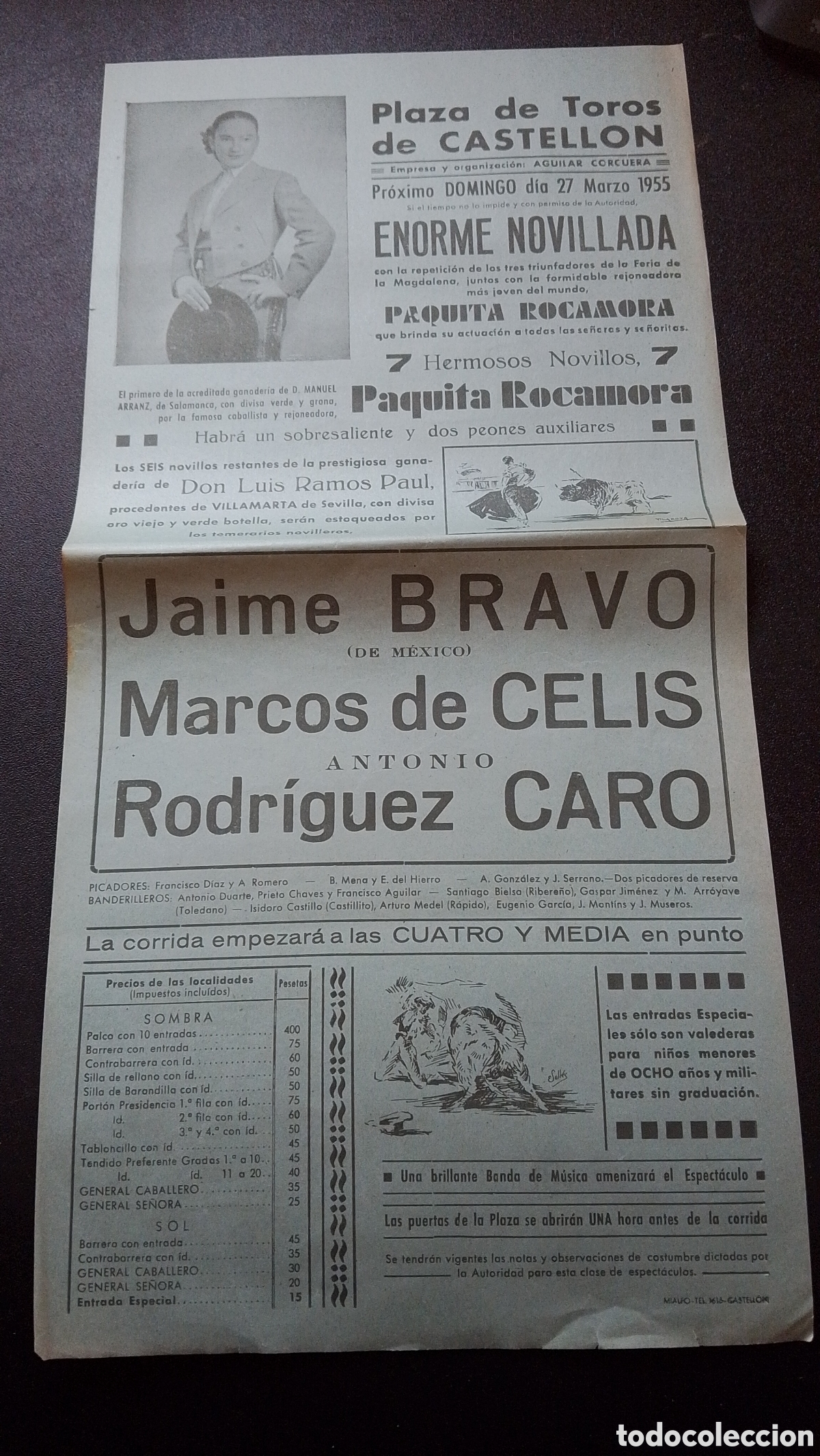 Carteles Toros: CARTEL PLAZA DE TOROS CASTELLON 27 MARZO 1955 PAQUITA ROCAMORA BRAVO CELIS CARO
