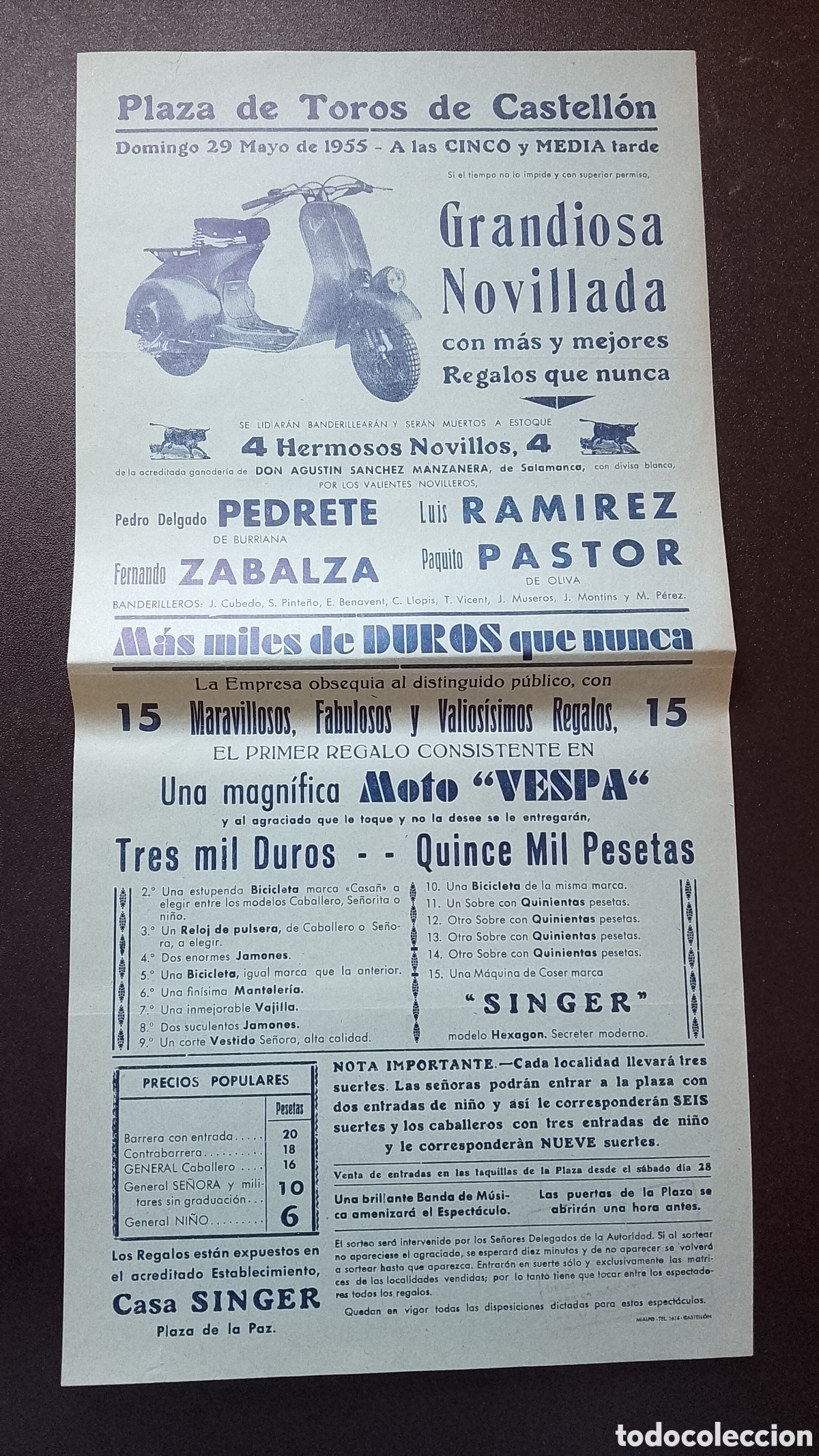 Carteles Toros: CARTEL PLAZA DE TOROS CASTELLON 29 MAYO 1955 PEDRETE RAMIREZ PASTOR ZABALZA PUBLICIDAD MOTO VESPA