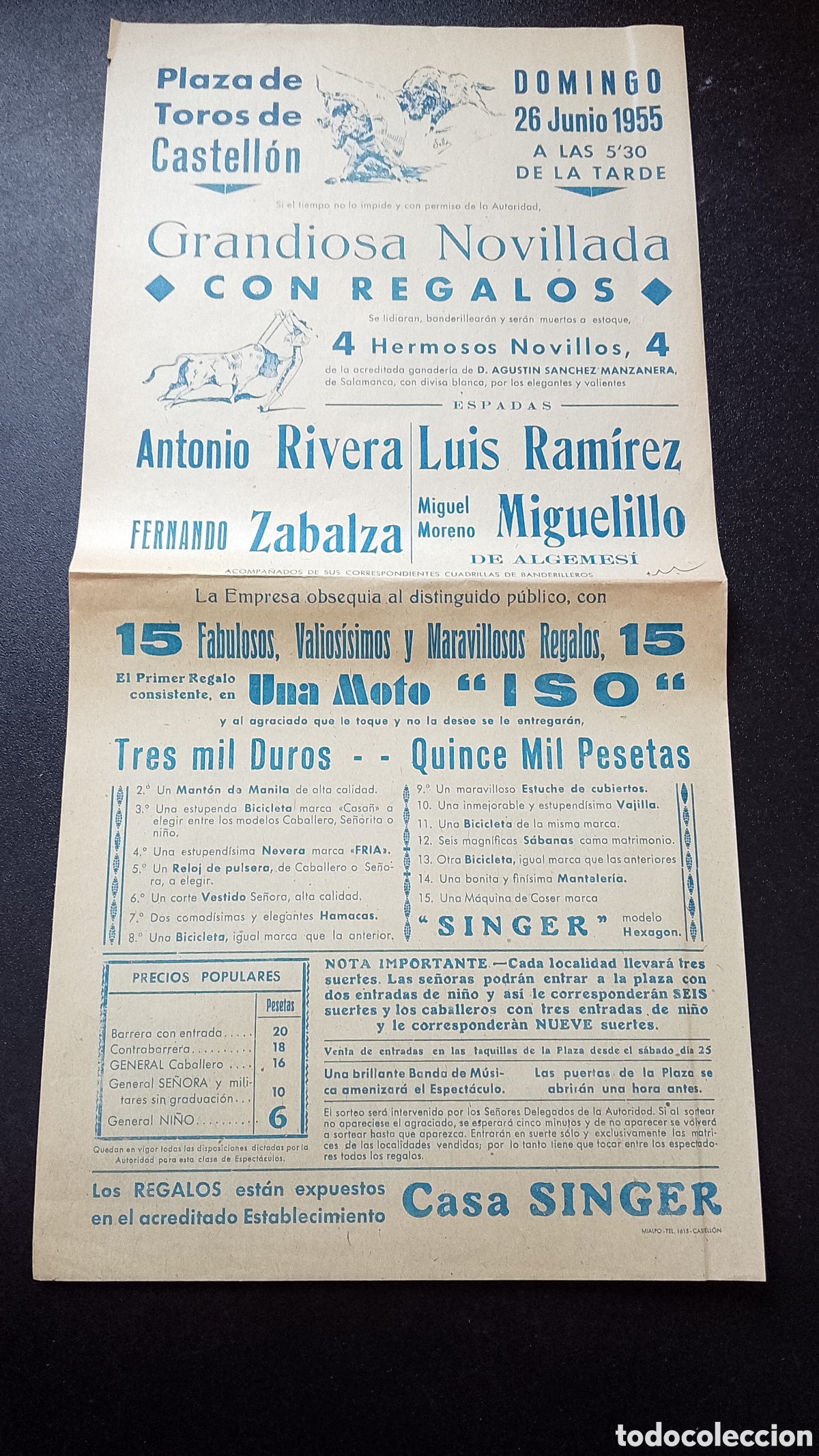 Carteles Toros: CARTEL PLAZA DE TOROS CASTELLON 26 JUNIO 1955 RIVERA RAMIREZ ZABALZA MIGUELILLO PUBLICIDAD MOTO ISO