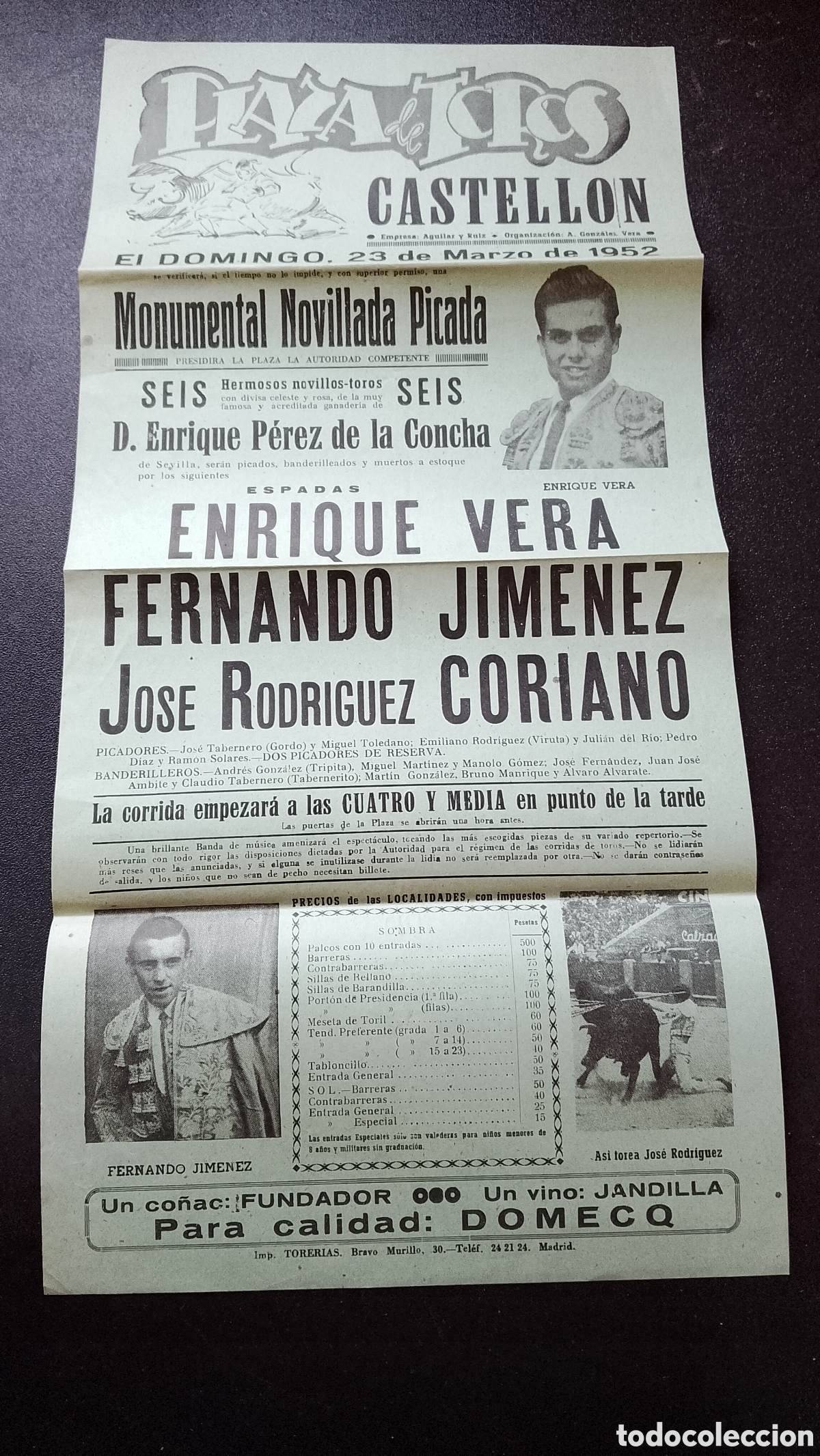 Carteles Toros: CARTEL PLAZA DE TOROS CASTELLON 23 MARZO 1952 VERA JIMENEZ CORIANO