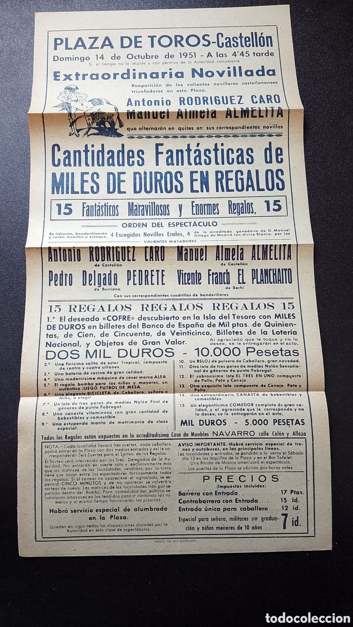 Carteles Toros: CARTEL PLAZA DE TOROS CASTELLON 14 OCTUBRE 1951 CARO ALMELITA CARO PLANCHAITO PEDRETE