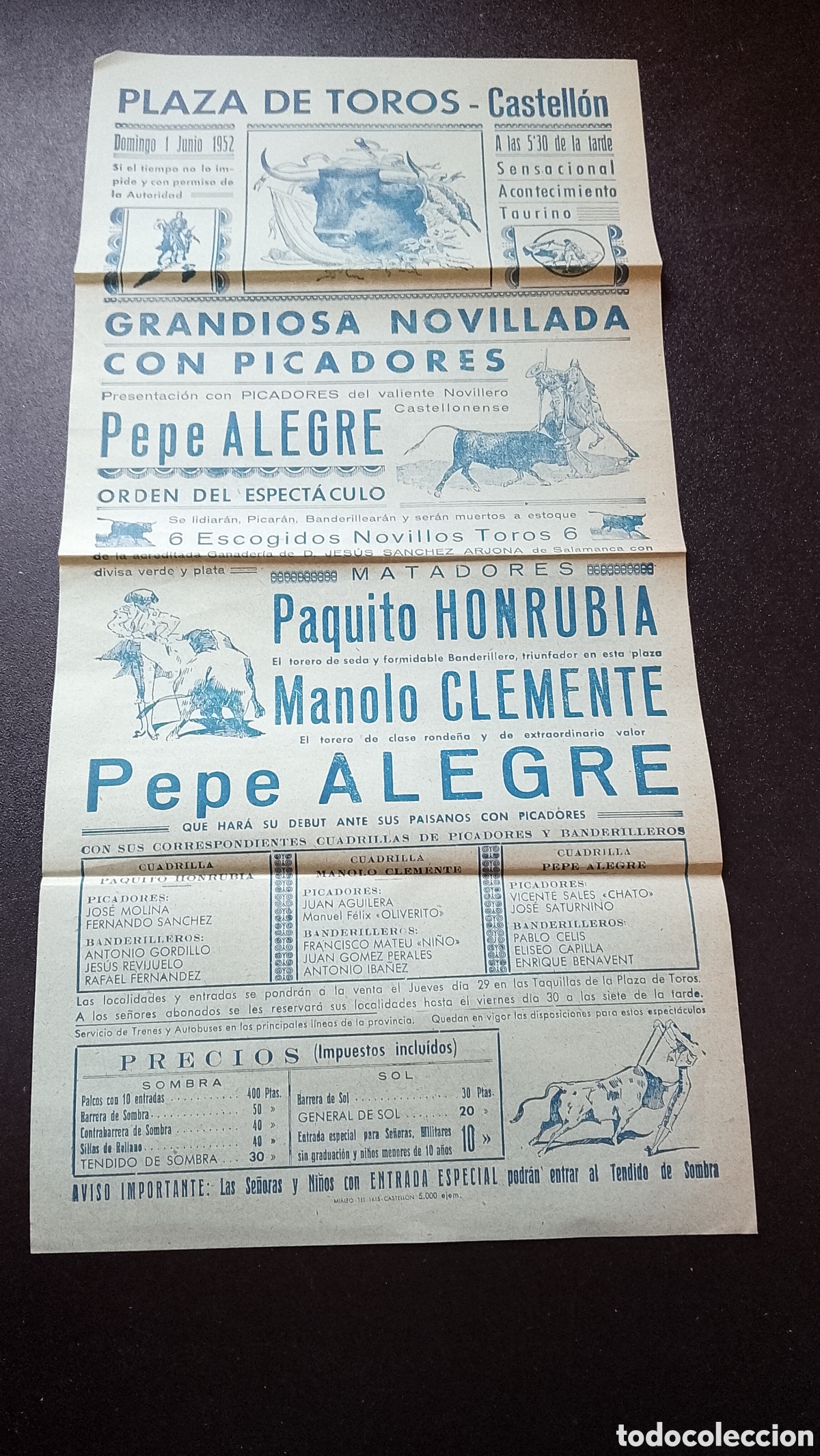 Carteles Toros: CARTEL PLAZA DE TOROS CASTELLON 14 OCTUBRE 1951 CARO ALMELITA CARO PLANCHAITO PEDRETE
