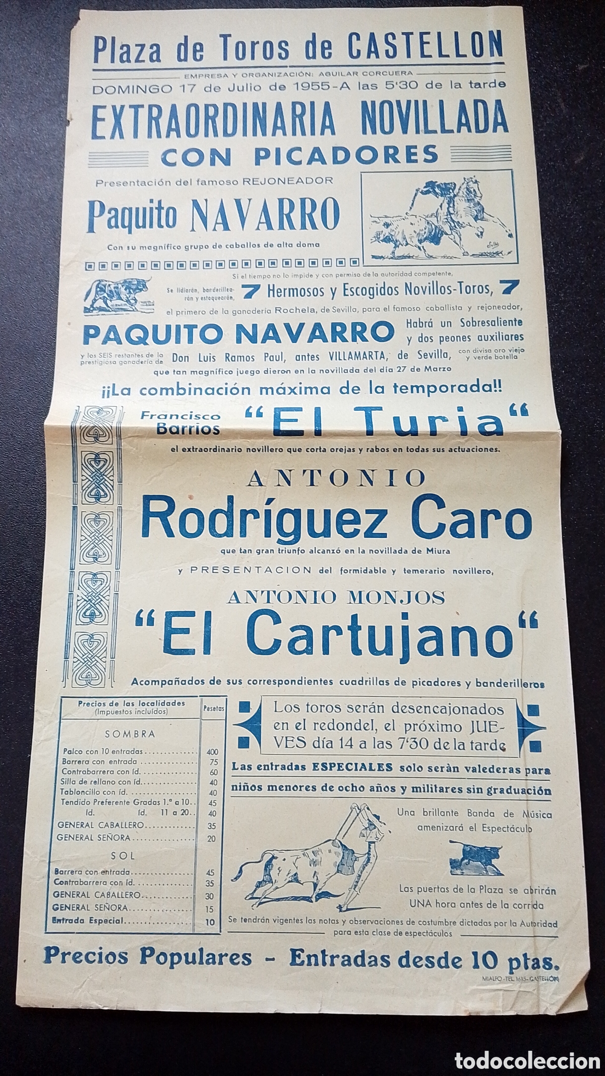 Carteles Toros: CARTEL PLAZA DE TOROS CASTELLON 17 JULIO 1955 NAVARRO EL TURIA CARO EL CARTUJANO