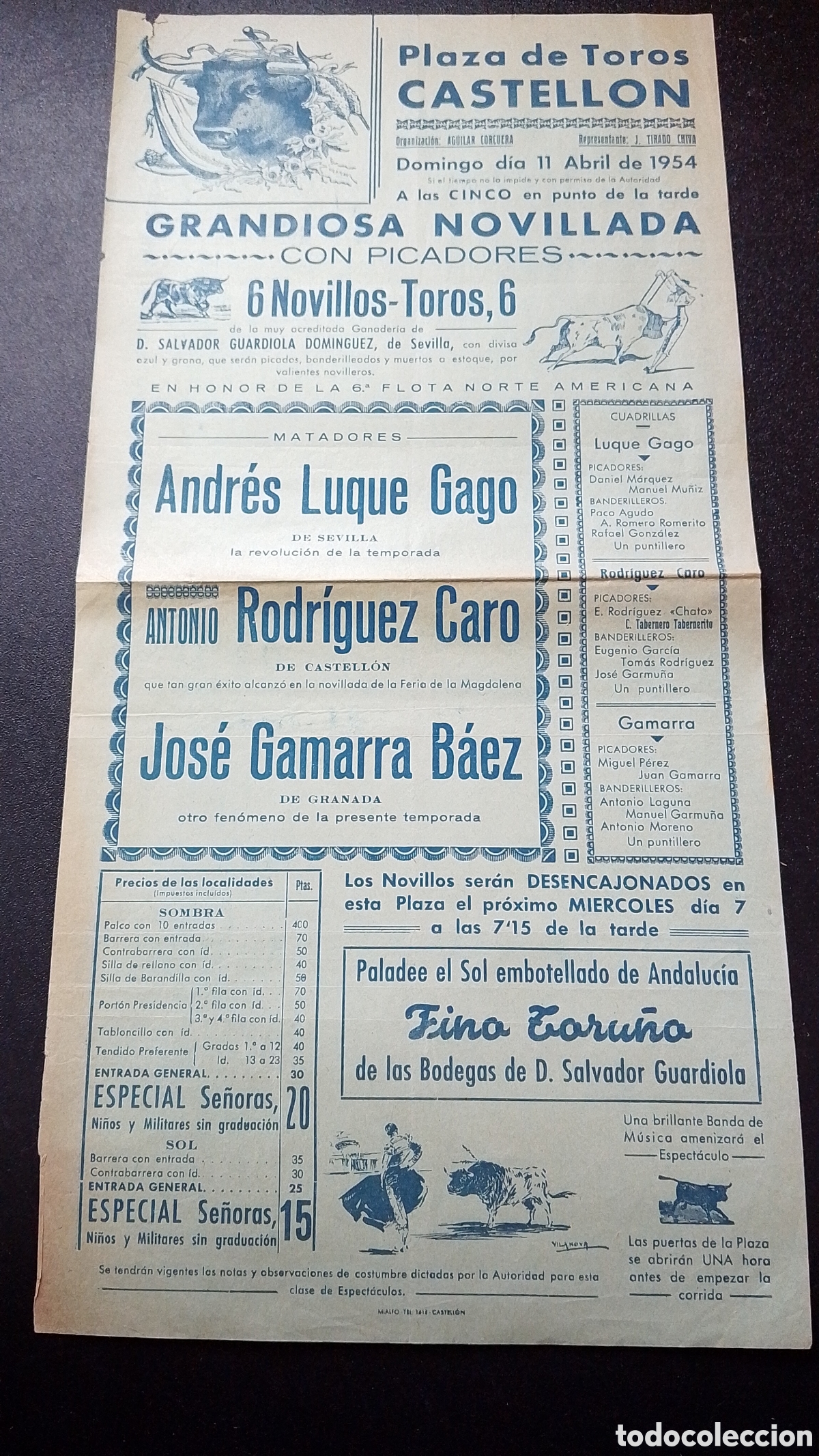 Carteles Toros: CARTEL PLAZA DE TOROS CASTELLON 11 ABRIL 1954 GAGO CARO BAEZ
