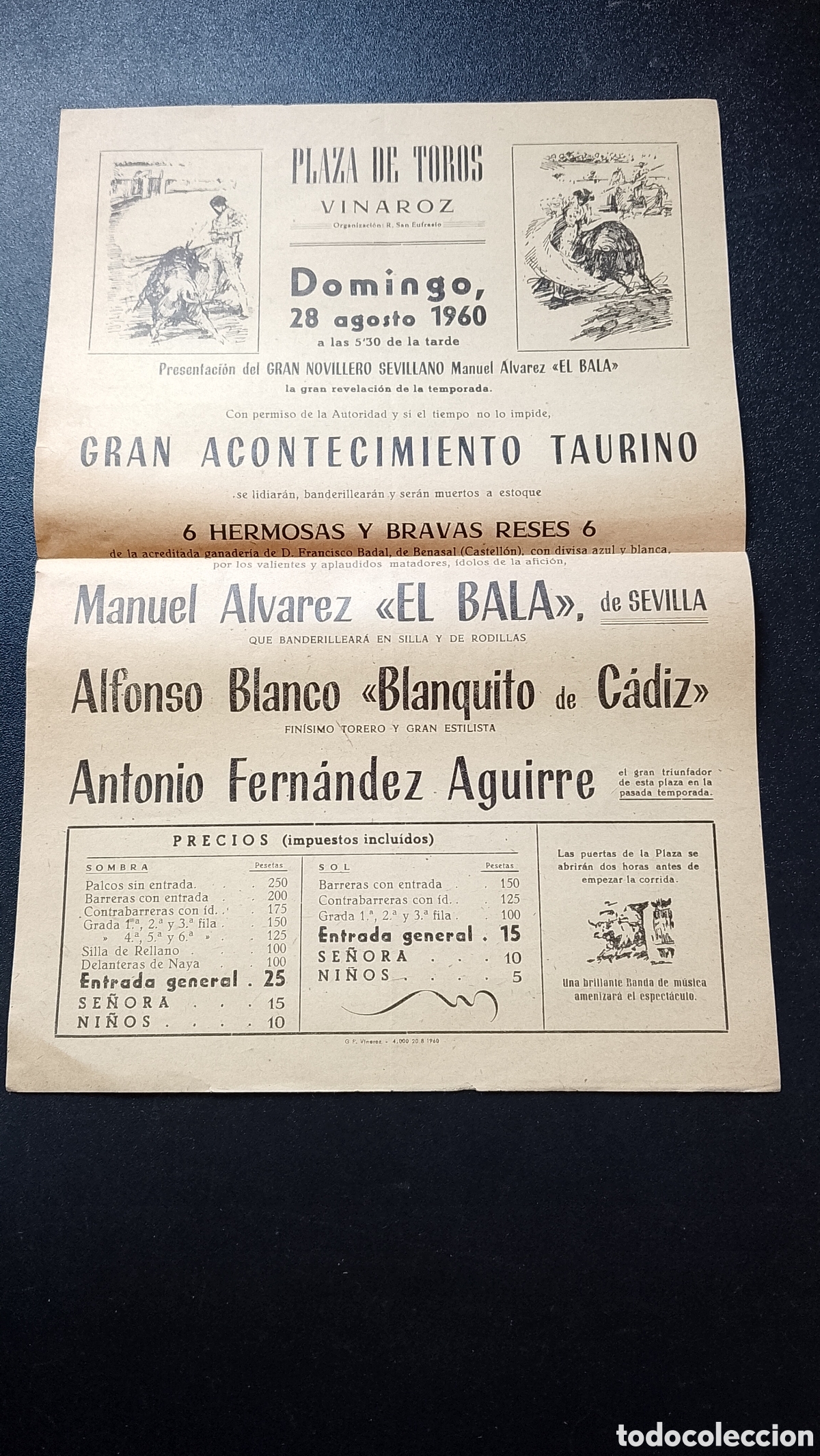 Carteles Toros: CARTEL PLAZA DE TOROS CASTELLON 25 AGOSTO 1960 EL BALA BLANQUITO DE CADIZ AGUIRRE