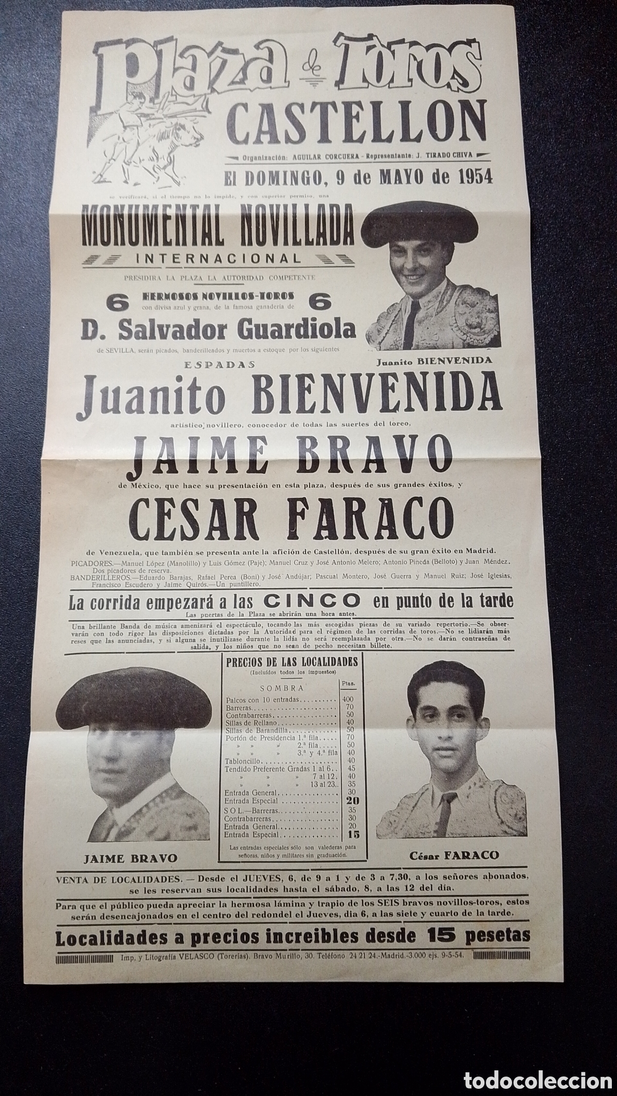 Carteles Toros: CARTEL PLAZA DE TOROS CASTELLON 9 MAYO 1954 BIENVENIDA BRAVO FARACO
