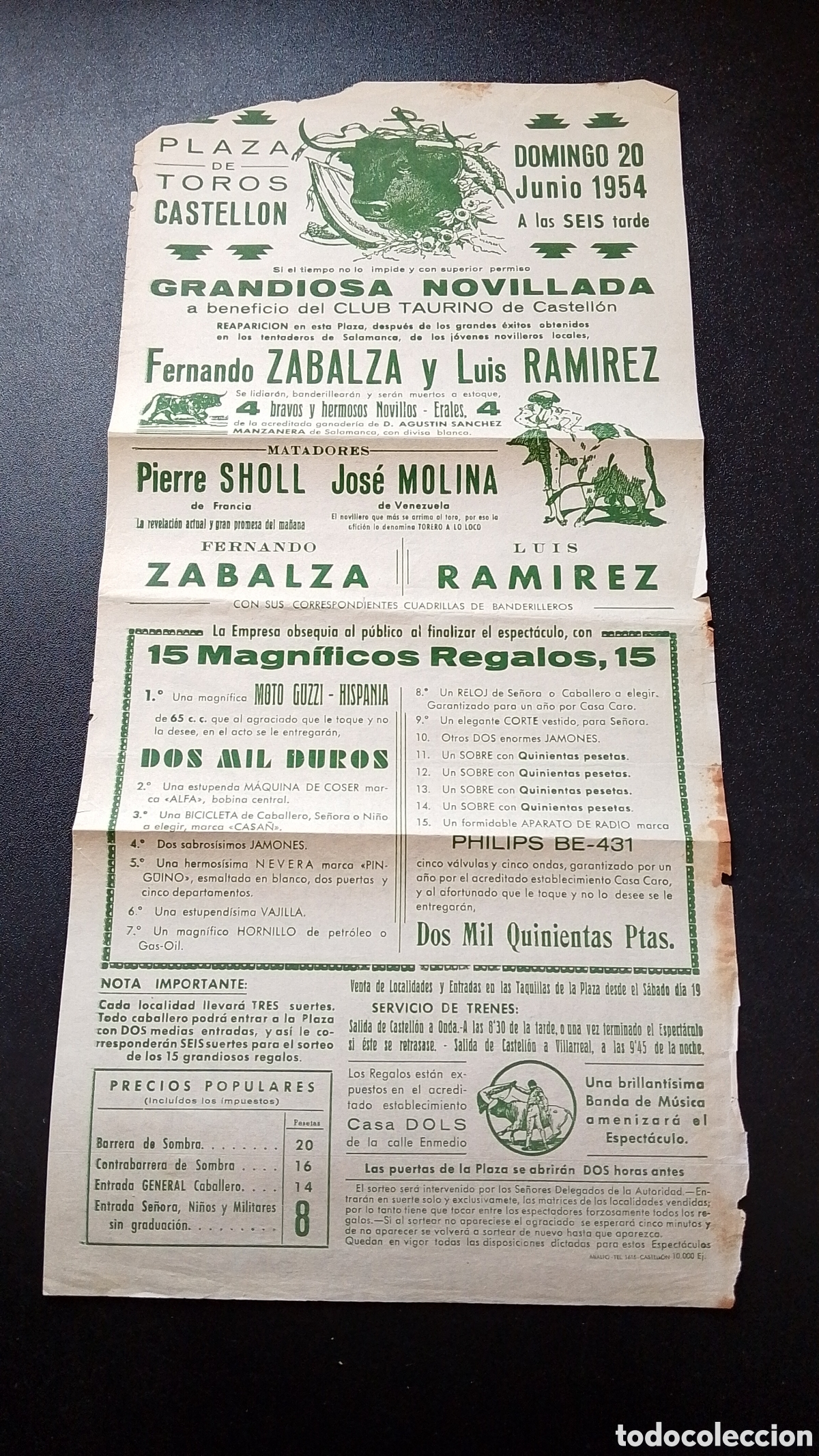 Carteles Toros: CARTEL PLAZA DE TOROS CASTELLON 20 JUNIO 1954 ZABALZA RAMIREZ SHOLL MOLINA