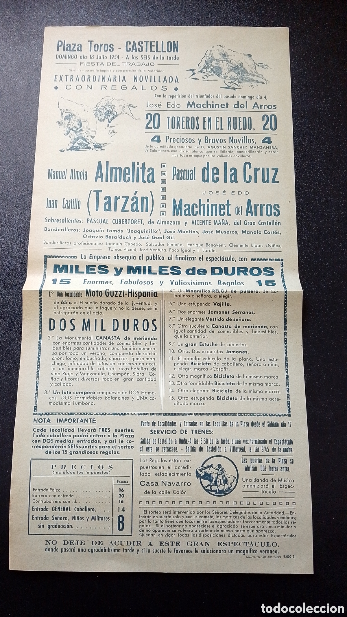 Carteles Toros: CARTEL PLAZA DE TOROS CASTELLON 18 JULIO 1954 MACHINET DEL ARROS ALMELITA DE LA CRUZ TARZAN